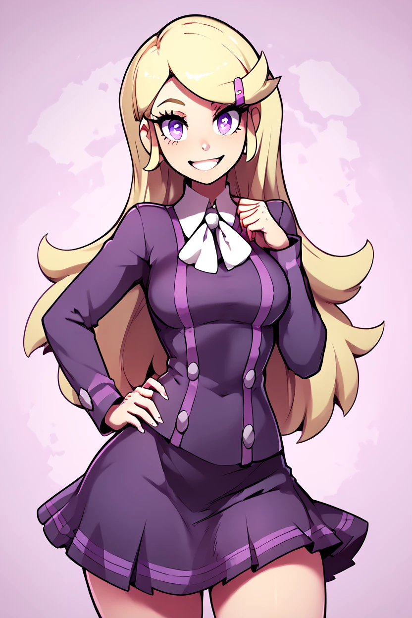 score_9, score_8_up, score_8, medium breasts, (curvy), cute, eyelashes, , zzAceXY, purple eyes, blonde hair, long hair, swept bangs, hair ornament, hairclip, long sleeves, purple skirt, purple shirt, , <lora:AceTrainerPokemonXY_PDXL:1.0>, BREAK, smile, looking at viewer, ,,, abstract background, white outline, cowboy shot, ,,, embedding:zPDXL, Expressiveh, ,,, <lora:theOtherHalfPDXL:0.8>, <lora:CatalystStylePDXL:0.6>, <lora:SDXLFaeTastic2400:0.5>, <lora:Expressive_H-000001:0.4>,
