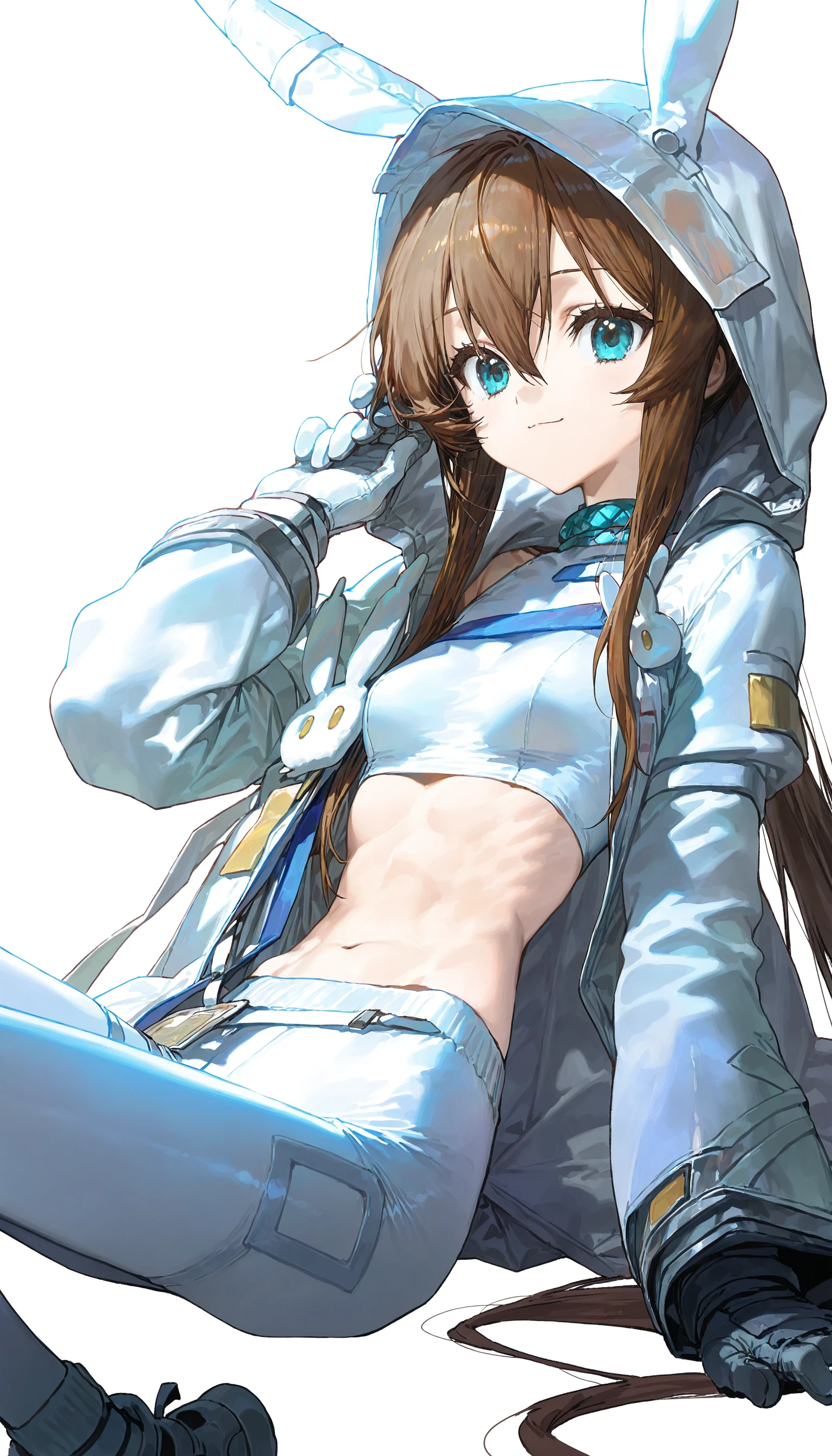 masterpiece, high quality, 1girl, simple background,
<lora:amiyaCASA_ArknightsV1-0:0.6>,amiyaCASA,rabbit ears, hood up, open hoodie, white pants,
cowboy shot, standing, looking at viewer,<lora:GoodHands-beta2:1>