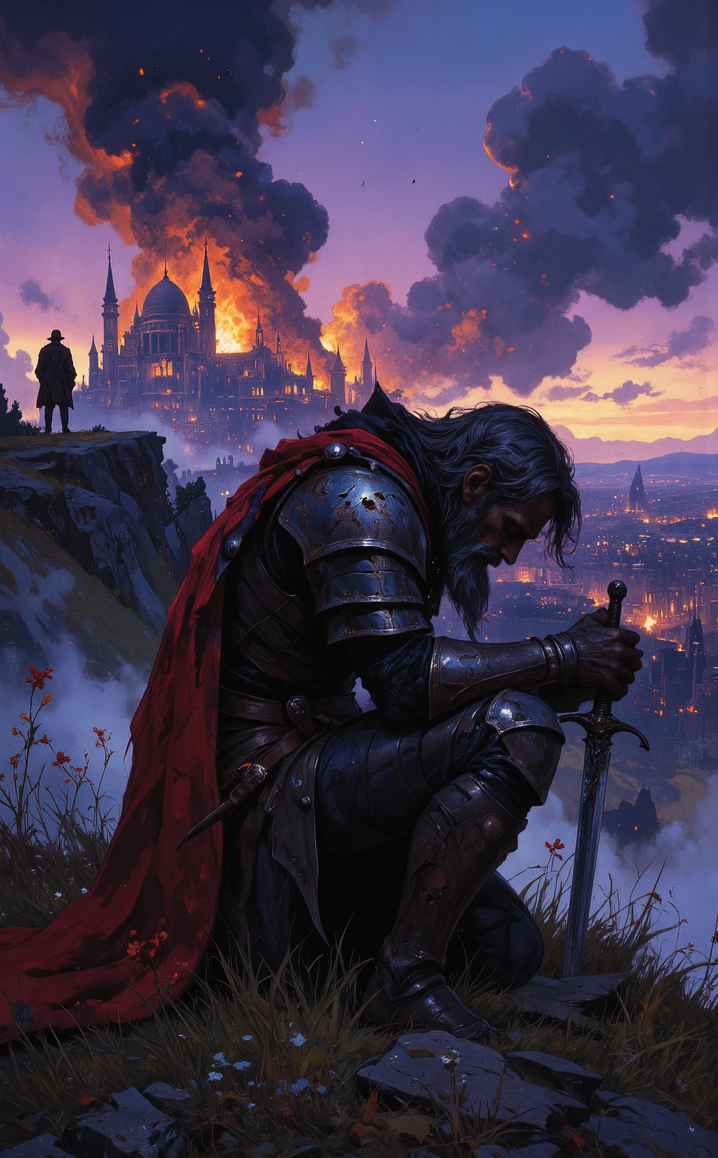 fantasy, painting, illustration, detailed, A somber fantasy painting depicts an old warrior kneeling on a grassy hill, his silhouette framed against the fiery glow of a burning city in the distance. His once-proud armor, now battered and tarnished, bears deep dents and scratches, testifying to countless battles fought and endured. The remnants of his tattered red cape flutter weakly in the smoky breeze, clinging to the cracked pauldrons of his shoulders. In his hands, he cradles the broken remains of his sword, the blade snapped jaggedly near the hilt. The warriorâs head is bowed, his grizzled hair streaked with ash and dirt, and his face hidden beneath the shadow of his battered helm. The weight of defeat and the toll of time hang heavily on his stooped figure. The hill is sparse, dotted with patches of wildflowers and tall grass that sway in stark contrast to the chaos below. The burning city sprawls on the horizon, its spires engulfed in flames and plumes of dark smoke rising into the twilight sky. Embers drift upwards like lost souls, painting the air with a fiery glow that clashes with the deepening purples and blues of the night. The composition is poignant and evocative, capturing the warriorâs quiet grief and the resilience of a man who has given everything in the face of inevitable loss, ethereal fantasy concept art of cinematic film still manga art by Eiichiro Oda, -artistmedium-, comics art by Todd McFarlane, -artistmedium-, , Spawn, detailed artwork, dark themes, One Piece, adventure, humor, intricate world-building . shallow depth of field, vignette, highly detailed, high budget, bokeh, cinemascope, moody, epic, gorgeous, film grain, grainy . magnificent, celestial, ethereal, painterly, epic, majestic, magical, fantasy art, cover art, dreamy