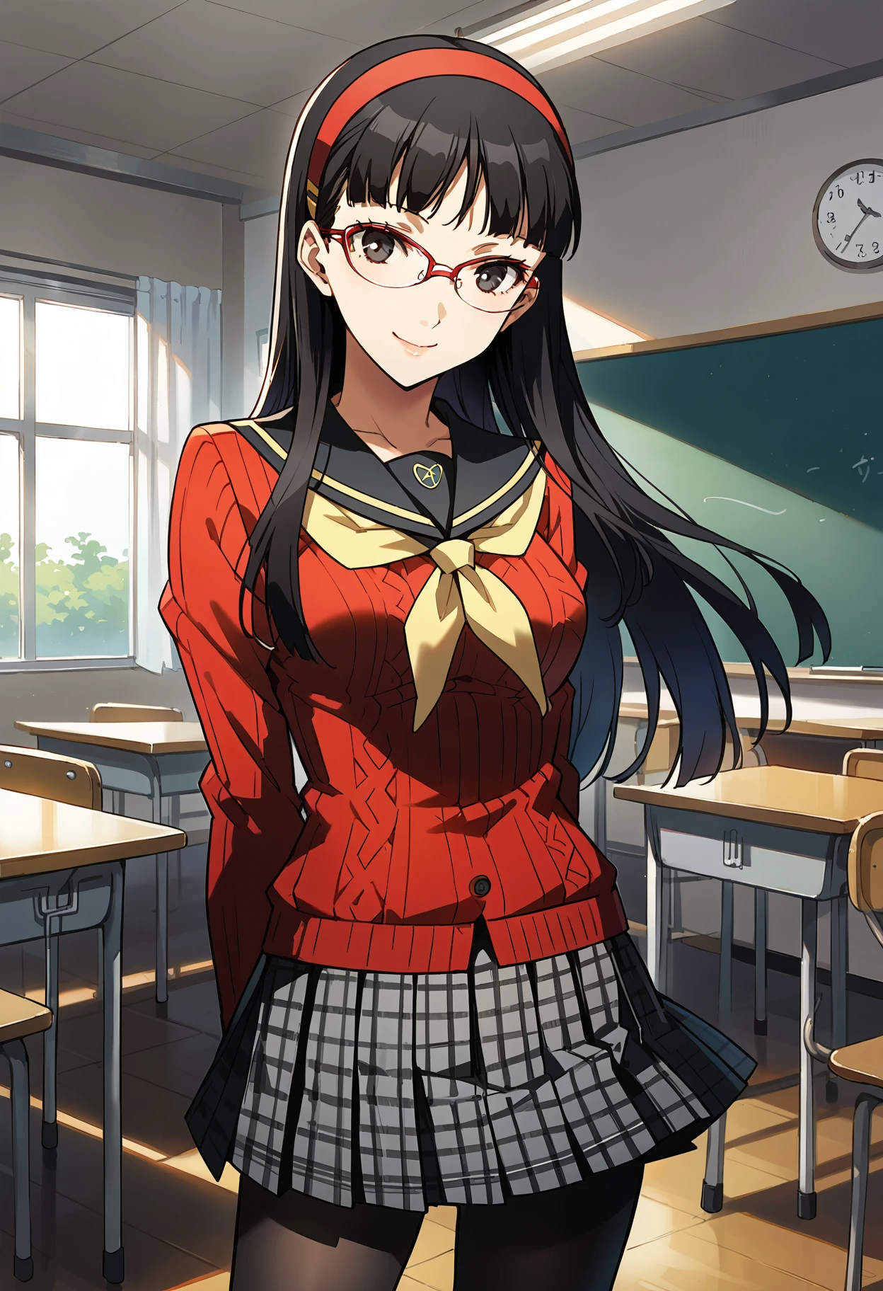 score_9, score_8_up, source_anime
1 girl, solo, cute face,
p4yukiko, amagi yukiko, long hair, black hair, bangs, hairband, glasses, red-framed eyewear
p4yukiko-winuni, yasogami school uniform, school uniform, sweater, red sweater, skirt, pleated skirt, houndstooth, pantyhose, black pantyhose,
classroom, standing, looking at viewer, smile, hands behind back, cowboy shot,
masterpiece, best quality, ultra detailed,