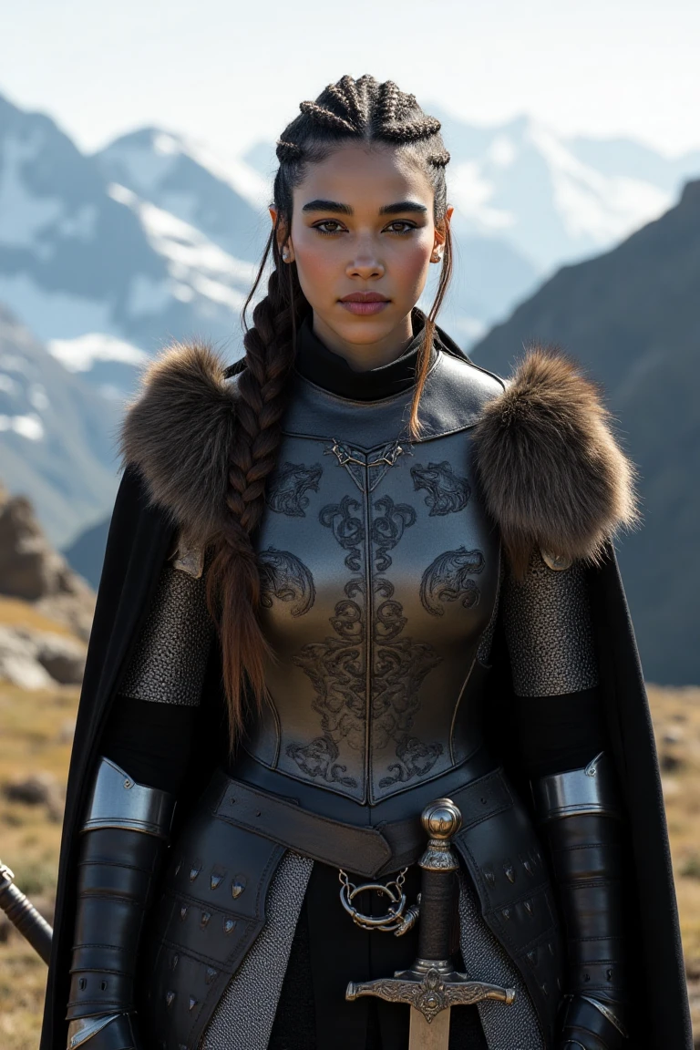 Create a hyper-realistic portrait of a regal woman inspired by the "Game of Thrones" aesthetic, but dressed in battle-ready attire. She stands in a windswept mountain pass, her armor gleaming under the muted sunlight. Her outfit combines elegance with practicality: a fitted leather cuirass adorned with intricate carvings of wolves and stars, layered over chainmail. A dark cloak with a fur-trimmed collar billows behind her, hinting at her noble lineage. Her long hair is tied in a loose braid, with small strands framing her strong, determined face. She carries a finely crafted longsword at her side, its hilt encrusted with subtle gemstones. Her piercing gaze reflects both beauty and unyielding strength. The scene is detailed with rugged terrain, distant snow-capped peaks, and the faint howl of the wind, evoking an air of mystery and power