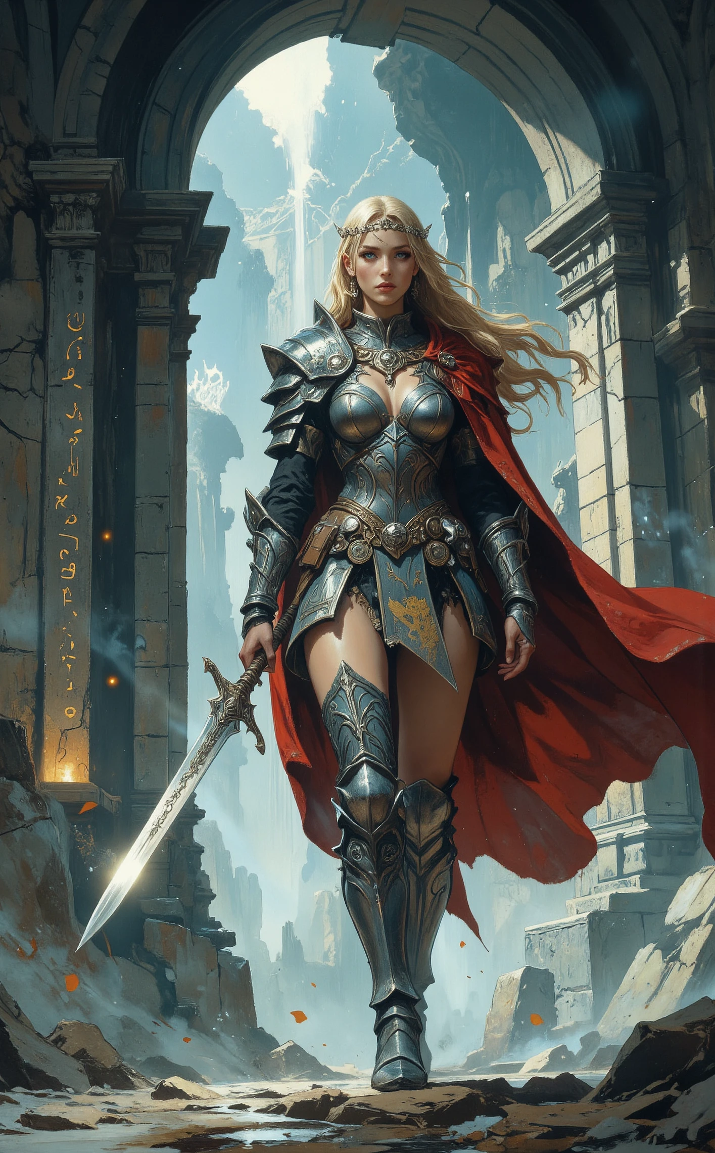 fantasy, painting, illustration, detailed, A dramatic painting depicts a young Viking princess stepping boldly into a mythical temple of the old gods. She is scantily clad in radiant silver armor, its intricate engravings of Nordic runes and mythical beasts gleaming in the faint, ethereal light that filters through the templeâs towering arches. Her armor highlights her form, with a gleaming breastplate, bracers, and a short, layered skirt of overlapping silver plates, leaving her midriff bare. A flowing crimson cape trails behind her, adding a regal touch to her warrior presence. Her long, golden hair cascades over her shoulders, crowned with a simple circlet of silver, and her icy blue eyes burn with determination. She grips a large, rune-etched sword in one hand, its blade shimmering faintly as if alive with divine power. The temple is vast and awe-inspiring, carved from ancient stone, their forms both imposing and otherworldly. Faint beams of light pierce through cracks in the structure, illuminating swirling mists that cling to the ground. Glowing runes pulse softly along the walls, casting a mystical aura. The air seems heavy with the echoes of forgotten prayers and the distant rumble of divine power. The princess steps forward, her expression resolute and unyielding, embodying courage and reverence as she faces the sacred and mysterious domain of her ancestors, ethereal fantasy concept art of cinematic film still manga art by Posuka Demizu, fantasy art by Gabriele Dell'otto, , detailed and dynamic illustrations, superhero and fantasy themes, manga, intricate and detailed illustrations, fantasy and adventure themes . shallow depth of field, vignette, highly detailed, high budget, bokeh, cinemascope, moody, epic, gorgeous, film grain, grainy . magnificent, celestial, ethereal, painterly, epic, majestic, magical, fantasy art, cover art, dreamy