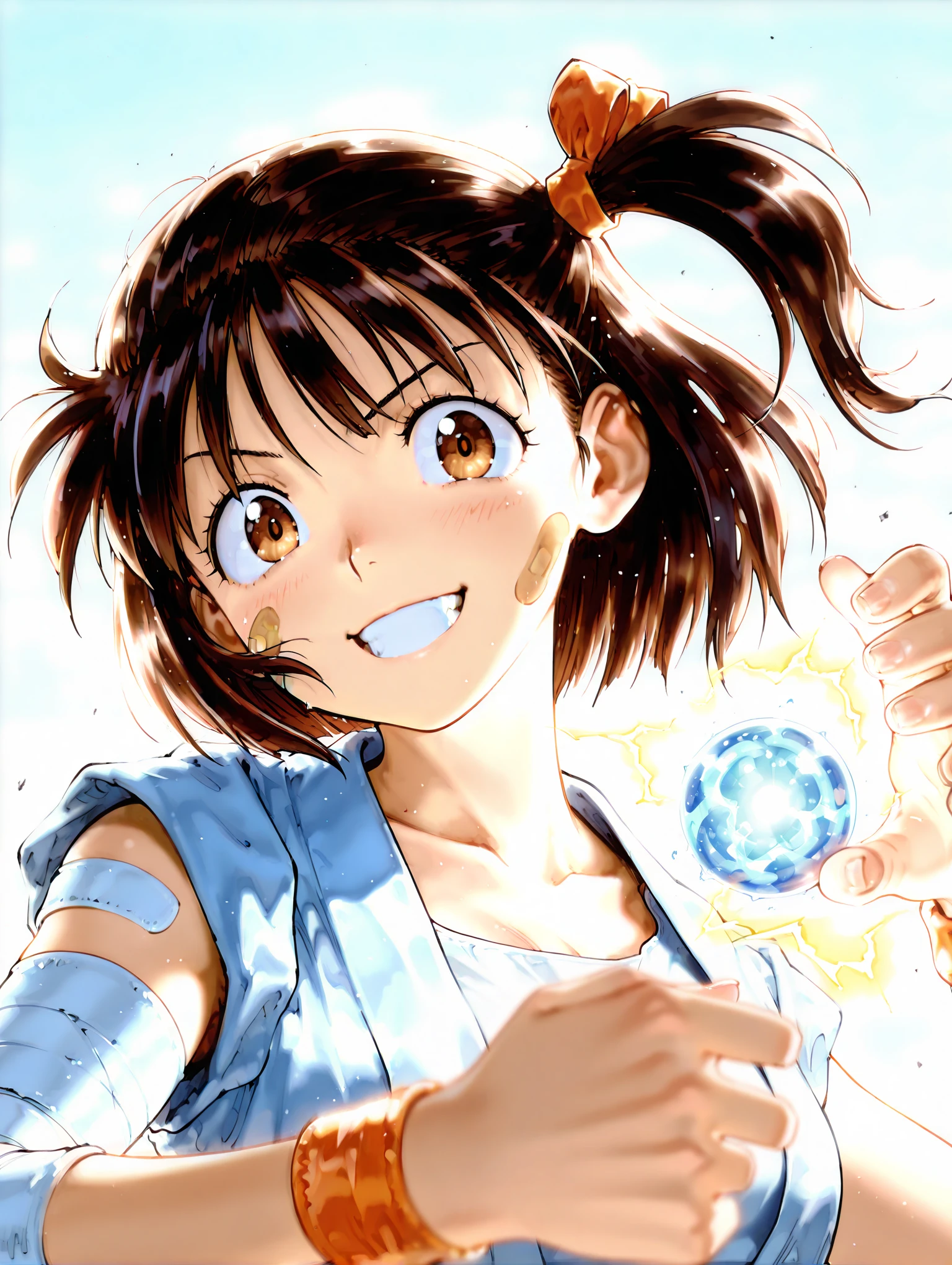 Rimururu,1girl,solo,1990s (style),retro artstyle,brown hair,brown eyes,bow,fingerless gloves,gloves,blue hairband,short hair,blue clothes,ainu clothes,ribbon,ice,crystal,traditional media,<lora:Aoi Nanase_XL:0.9>,