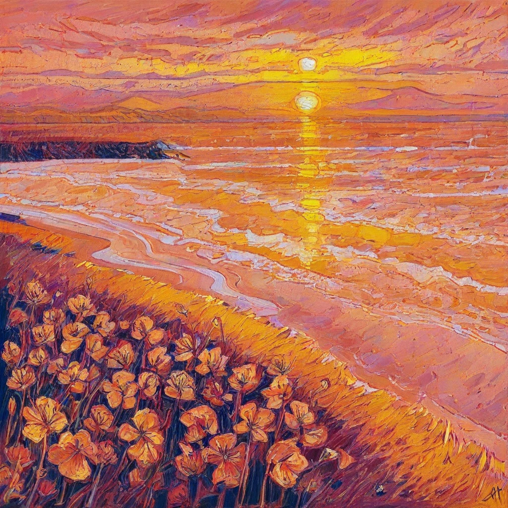 masterpiece, grass, flowers, sunset, beach, reflection, orange theme, Erin Hanson