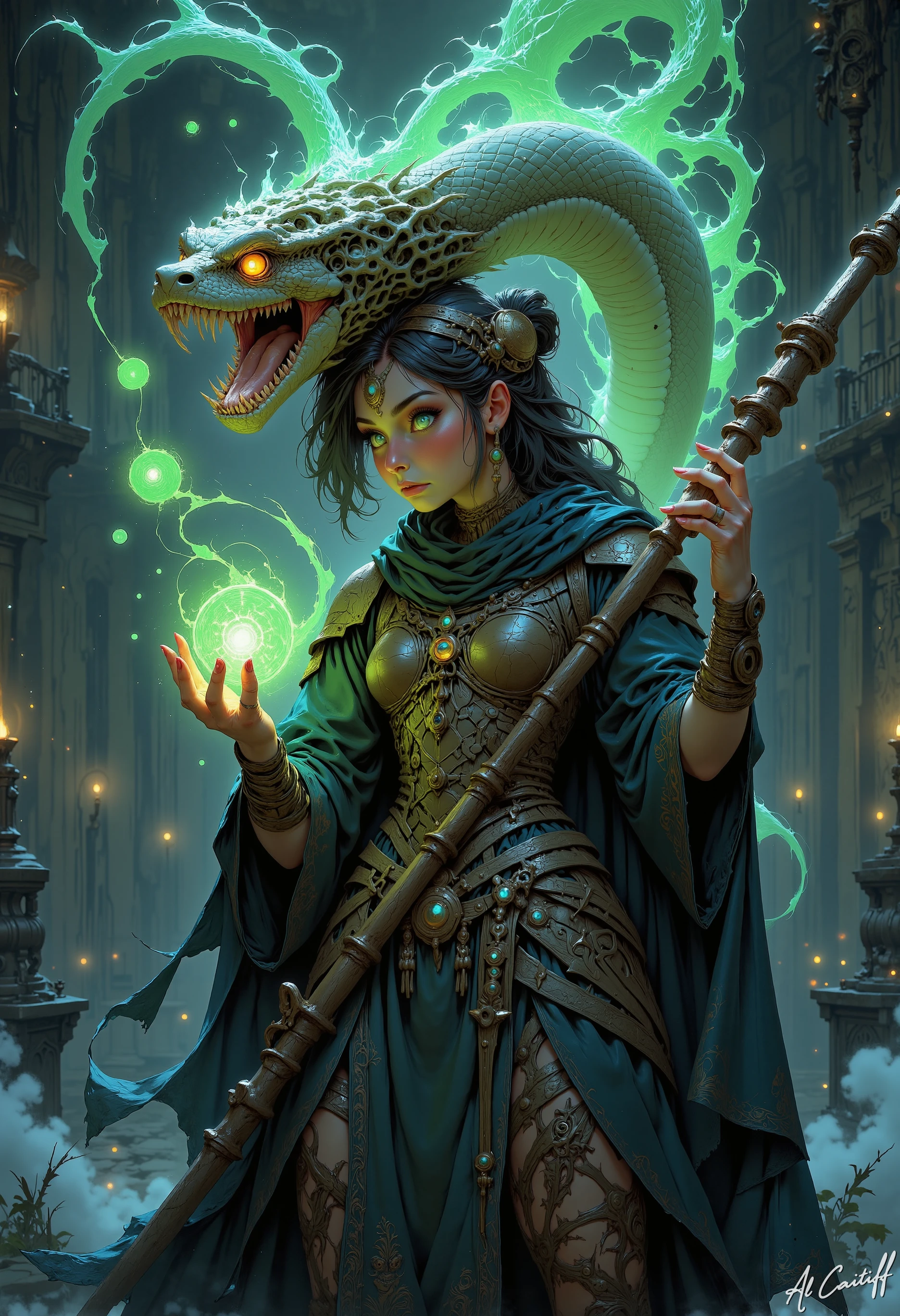 A female figure, heavily armored with intricate golden steampunk-like plating and dark teal robes, wielding a staff. Her face is partially mechanical, with exposed bone-like structures and glowing red eyes. Casting a green snake spell. A gray, glowing clock face is in the background, creating a mystical and futuristic scene. The overall style is hyperrealistic, detailed, highly detailed, intricate. Colors are deep blacks, greens, golds, and reds. Emphasis on detailed textures and shadows. Composition emphasizes depth and power. Focus on the ornate armor and the figure's strong presence. Use rich color palettes and strong lighting. Add a dark, mystical, and futuristic atmosphere, Niji Stan Katayama Style<lora:CustomFlux/SnakeSpell.safetensors:1.0:1.0> <lora:Flux/Niji_B_anime.safetensors:0.65:0.65>