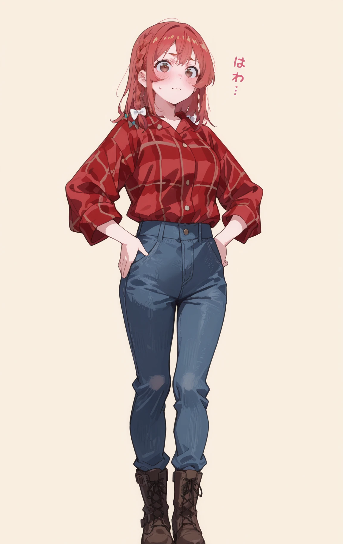 masterpiece,best quality,newest,absurdres,highres,
front view,full_shot,Raised brow with a questioning look,looking_at_viewer,
<lora:SakurasawaSumiCYQL:1>,SakurasawaSumiCYQL,1girl,solo,red hair,braid,single braid,hair bow,brown eyes,blush,Plaid shirt, mom jeans, combat boots,
full body,standing,hands_on_hips,,
gold background,simple background,
<lora:spo_sdxl_10ep_4k-data_lora_webui:0.5>,<lora:illustrious_all_rated_v1:0.6>,<lora:748cmSDXL:0.8>,748cmstyle,<lora:DarkerThanBlackIllustrious:0.5>,<lora:EtherSDXL:0.5>,EtherStyle,,