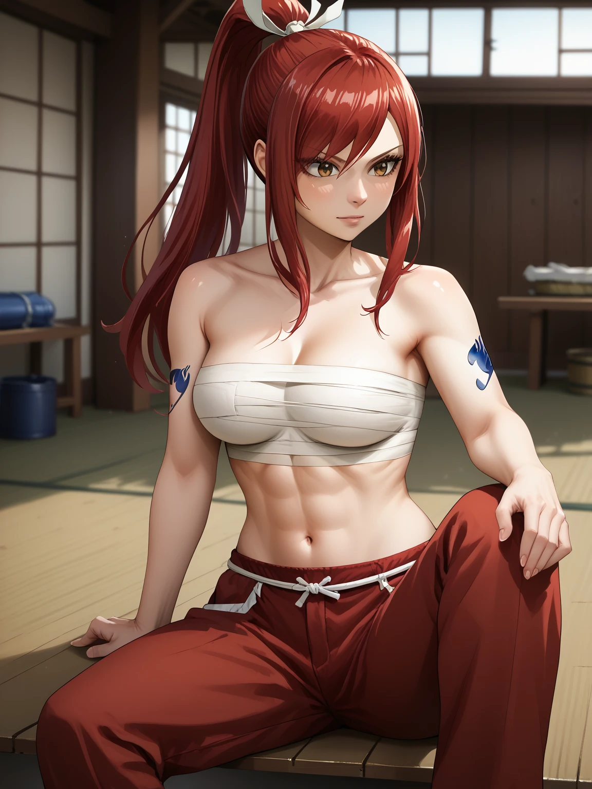 masterpiece, best quality, highres, fairy tail, 1girl, long hair, red hair, ponytail, white ribbon, hair over one eye, brown eyes, large breasts, collarbone, chest sarashi, bandage, bare arms, midriff, red hakama, red pants, cowboy shot, indoors, standing,