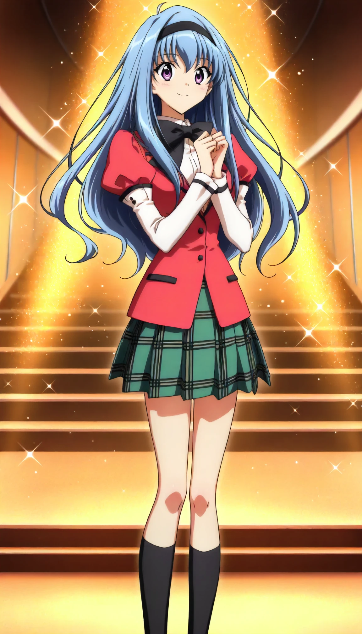 <lora:KKS_takatoo_nanaseXLIllustrious001>,
masterpiece,best quality,good quality,newest,
glitter,
smile,
looking at viewer,
solo,
anime coloring,
takatoo_nanase\(kakyuusei\),1girl,blue hair,long hair,hair band,purple eyes,
red jacket,black bow tie,long_sleeves,white_sleeves,puffy_sleeves,
green skirt,pleated_skirt,plaid_skirt,
black socks,
standing,