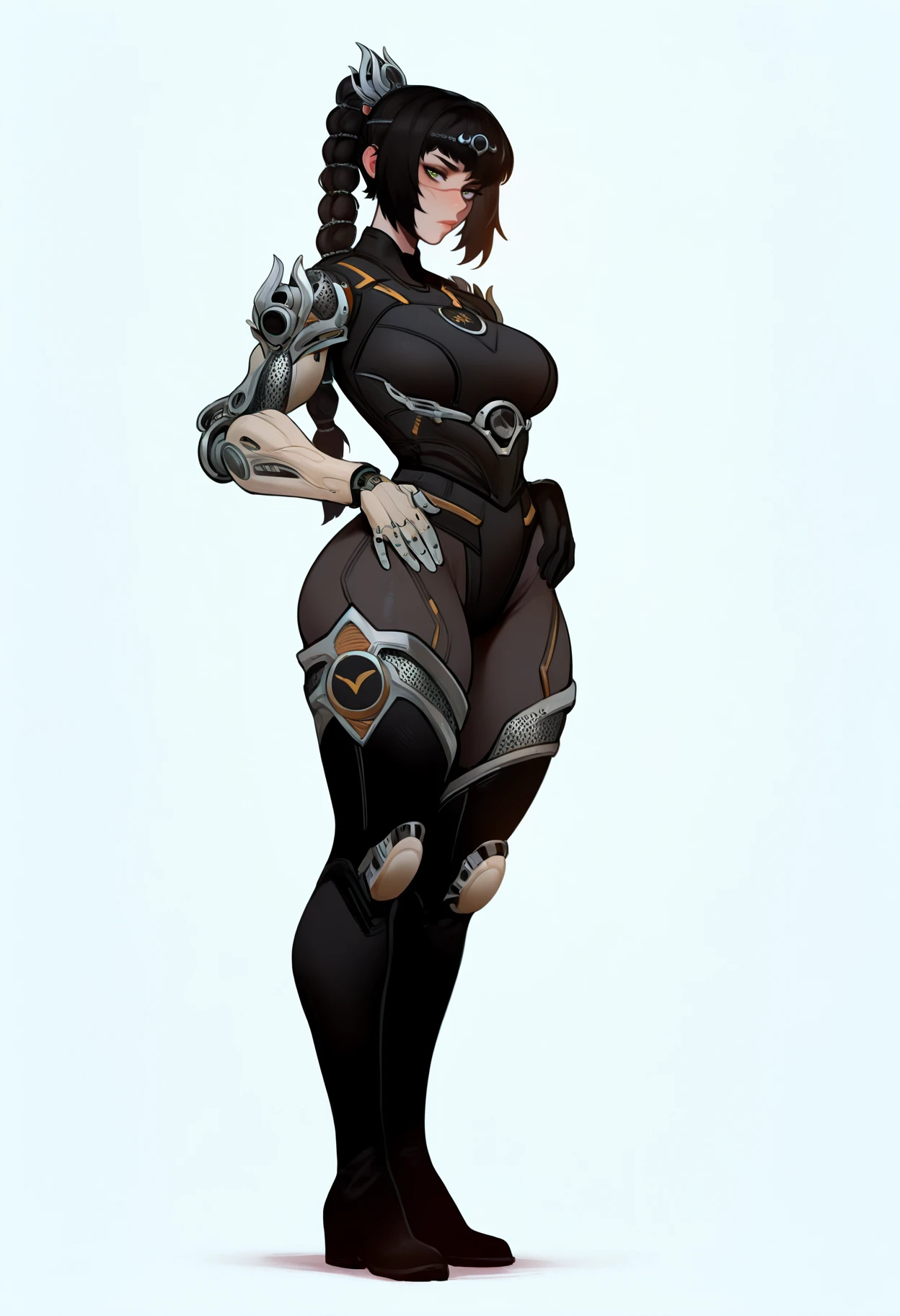 best quality, amazing quality, very aesthetic, absurdres,
1girl, solo, shadowheart, black hair, braided ponytail, green eyes, scar on face,
circlet, armor, large breasts, thigh boots,
mechanical arms,
science fiction,
hands on hips, full body, standing, solo, looking at viewer, simple background, white background, <lora:NijijourneyNoob_byKonan:0.8>, <lora:ShadowHeartIllustrious_byKonan:1>