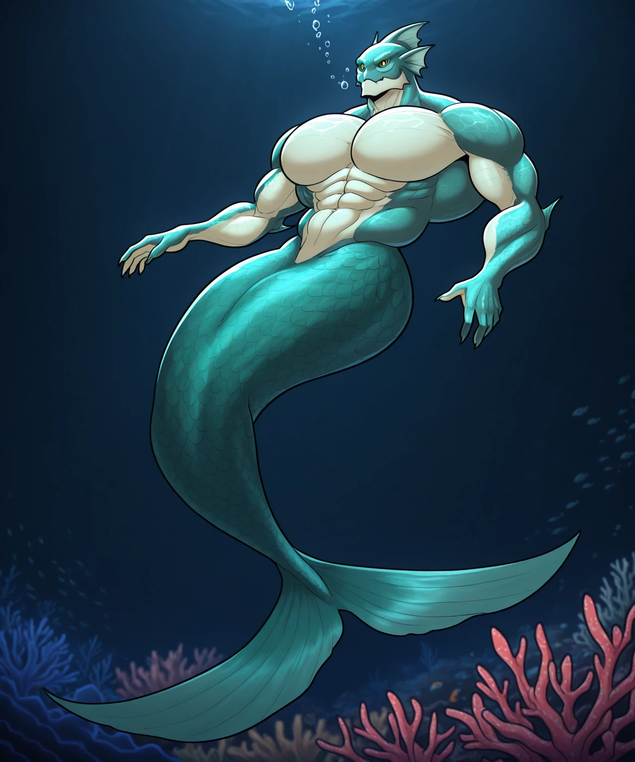 solo, male, masterpiece, high quality, best quality, highres, absurdres, male focus, solo, male, dark background, underwater, merman, tail, glistening scales, kelp, coral reef, fish, yellow eyes, big pecs, big biceps, green fins, 