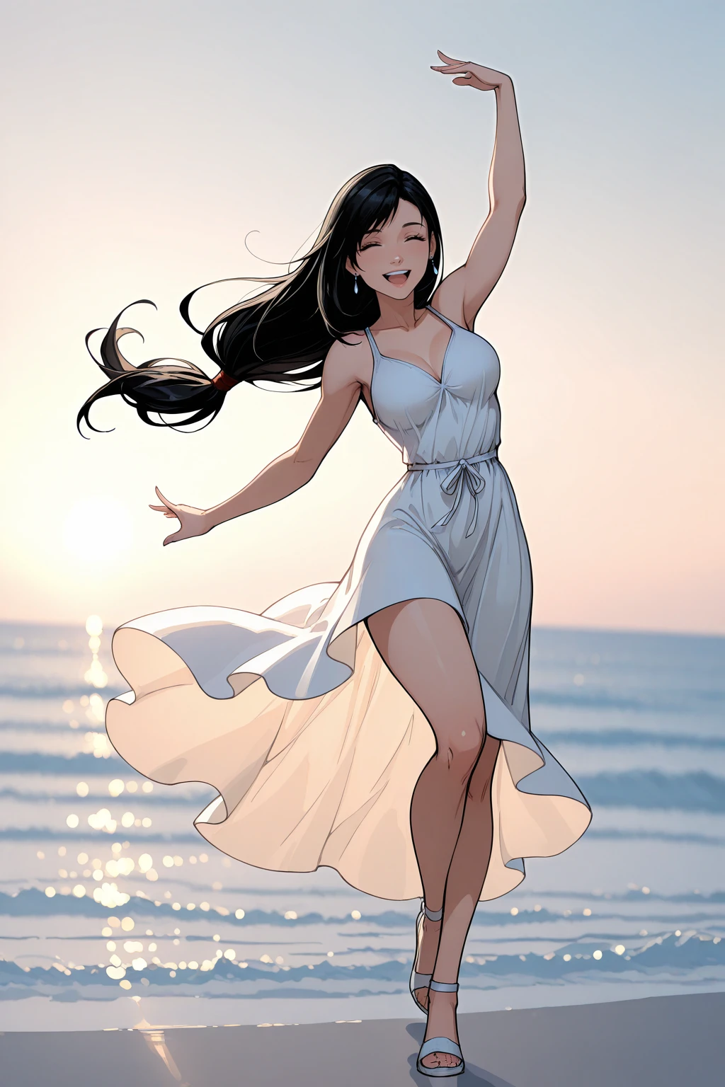 masterpiece, good quality, best quality, very awa, very as2, absurdres, highres
<lora:Tifa LockhartilluLora:1>tfalckhrt, OG, long hair, straight hair, low-tied long hair, swept bangs, dangle earrings, summer dress, dancing, happy, coast, sunny, dynamic motion
<lora:Michael Turner Marc SylvestriStyleIlluLYCO:1> mtms
