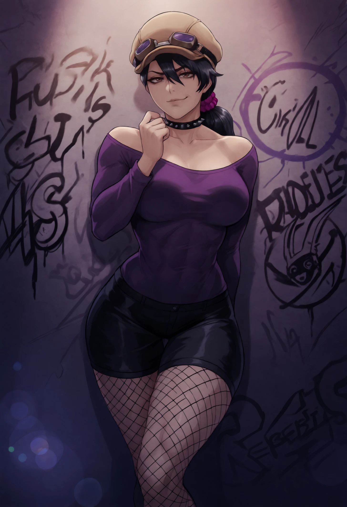 masterpiece, best quality, 1girl, toned,
low ponytail, long hair, black hair, hair between eyes, mature female, brown eyes, cabbie hat, brown headwear, goggles on headwear, purple scrunchie,
punk outfit, spiked choker, fishnet stockings, grunge backdrop, graffiti walls, torn posters, dim spotlight, rebellious smirk, wild pose, metallic tones, chaotic vibe,
detailed background, bokeh, lens flare,
<lora:ungykm_idxl_EliPot:1>