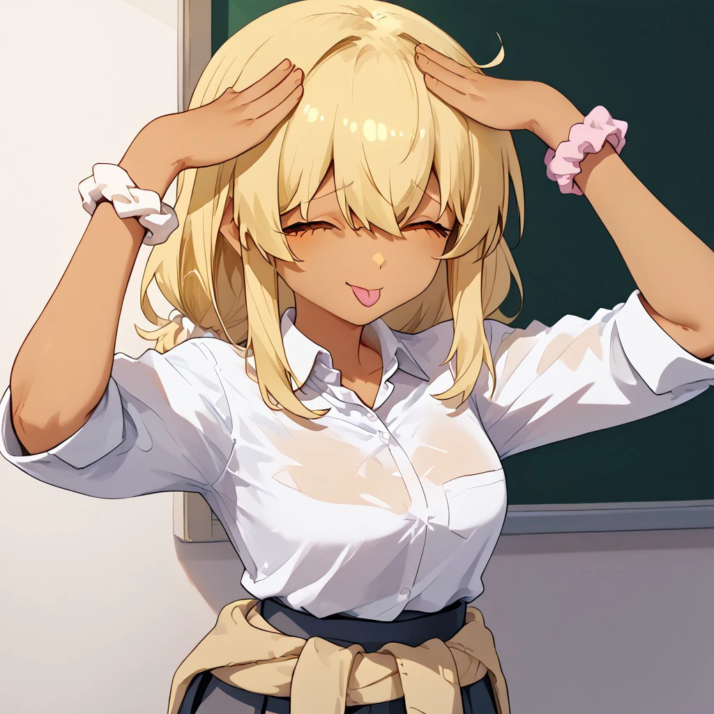 high quality, absurd resolution, 4k, score_7_or_higher, good eyes, vivid image, freebos_smoothiestyle,
1girl, (kana_higa, blonde hair, amber eyes, tan skin, school uniform, white shirt, skirt, clothes around waist, scrunchie on wrist,), <lora:ah-eto-bleh-ponyxl-lora-nochekaiser:1>, ah eto bleh, ah eto... bleh (meme), hands on own head, meme, arms on head, tongue out, closed eyes, closed eyes,
