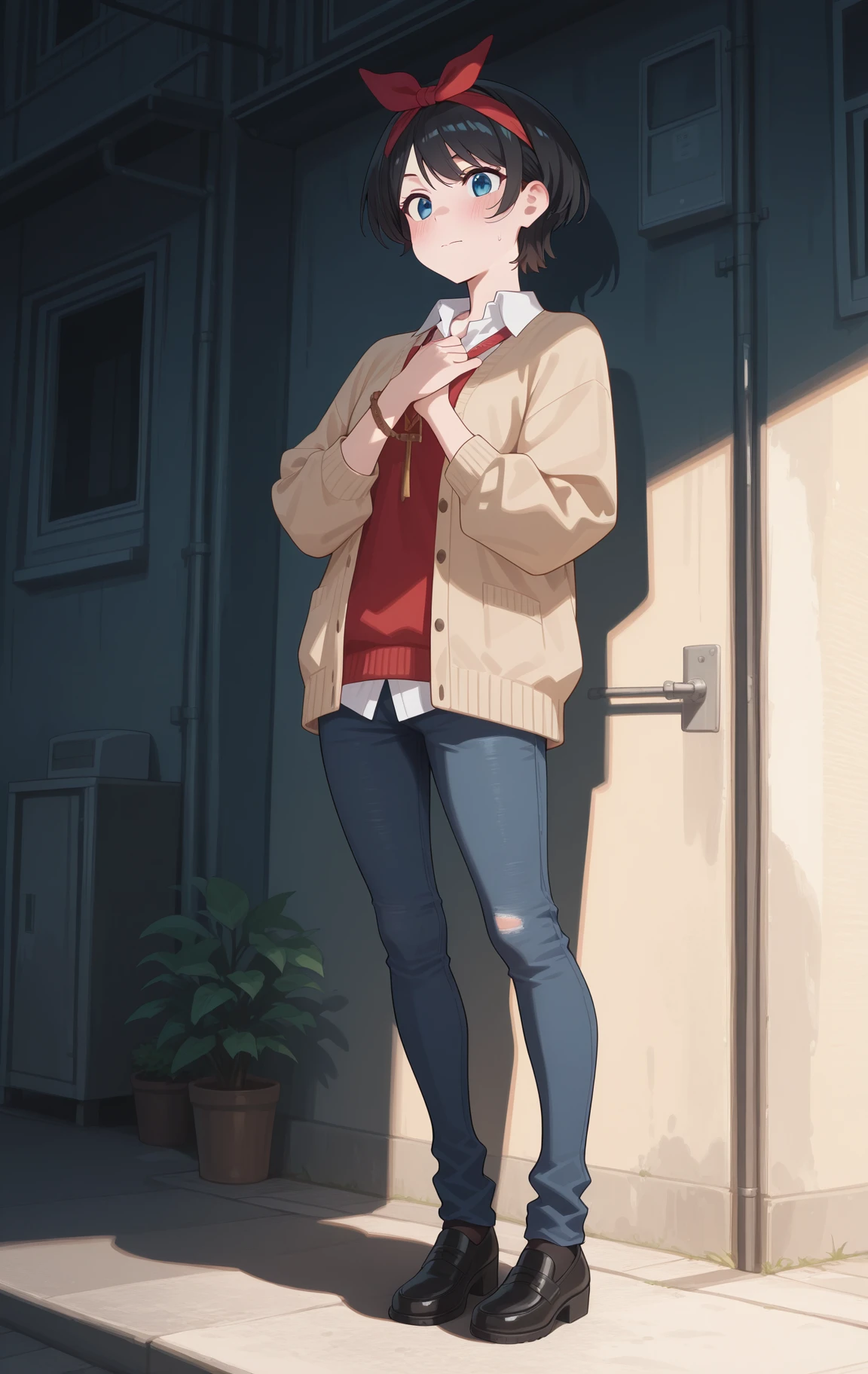 perfect quality,high quality,masterpiece,best quality,amazing quality,very aesthetic,absurdres,Cinematic Lighting,newest,Tactical use of shadow,
front view,full_shot,Wry smile,
SarashinaRukaCYQL,<lora:SarashinaRukaCYQL:1>,1girl,solo,short hair,black hair,bangs,hairband,blue eyes,loose fit cardigan, straight jeans, flat shoes, chain bracelet,
full body,standing,hands_on_own_chest,,
magenta background,simple background,
<lora:ponyv4_noob1_2_adamW:0.7>,<lora:USNR STYLE_XL_loha:1>,usnr,<lora:MeMaXL4:0.4>,,