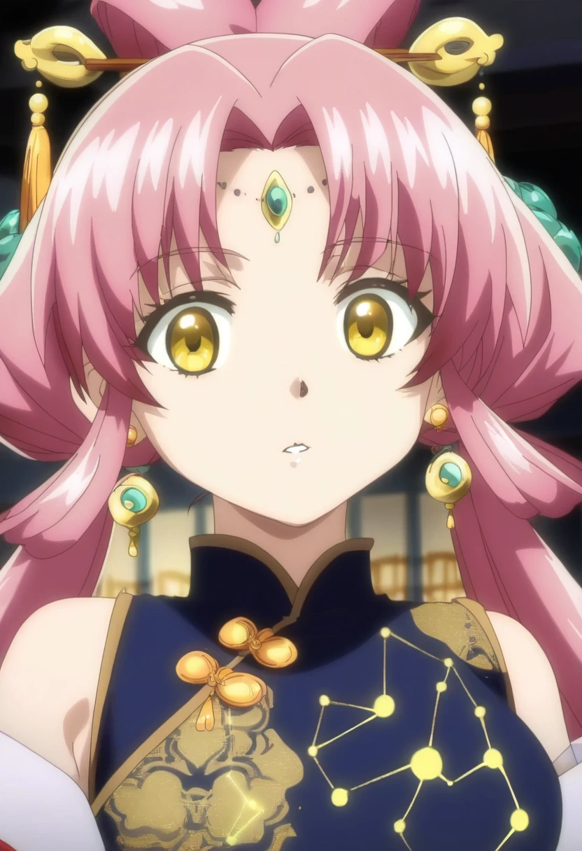 1girl, solo, forehead jewel, long hair, pink hair, hair ornament, bare shoulders, parted bangs, constellation, tassel, bow-shaped hair, dress, hair stick, looking at viewer, tassel hair ornament, parted lips, detached sleeves, jewelry, twintails, yellow eyes, low twintails, earrings, constellation print
Show less <lora:animestyle-07:1>finetuneanime,anime screencap,