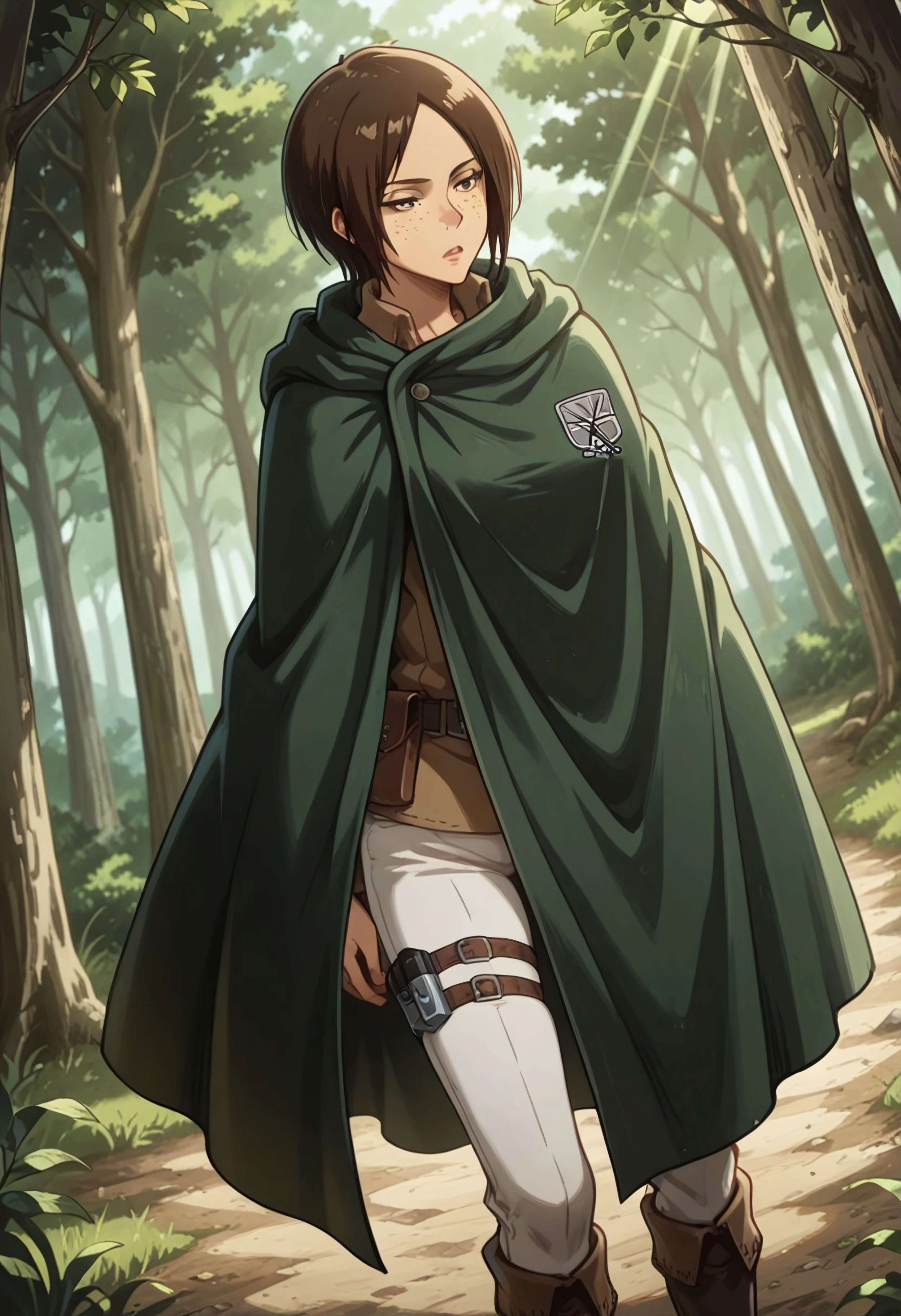 safe_pos, masterpiece, best quality, BREAK, dynamic angle, 1girl, solo, ymiraot, brown hair, short hair, freckles, green cloak, white pants, leg straps, perky breasts, forest, trees, tall trees, sunrays, detailed scenery