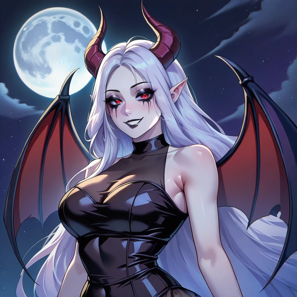 masterpiece, best quality, newest, absurdres, highres, anime, anime style, vintage anime, 90s anime, Dramatic-Moonlight-IL-V1.0, Dramatic light, Moonlight, moon, 1girl, white skin, white colored skin, pale skin, albino, albino skin, horns, demon horns, demon girl, succubus, wings, bat wings, demon wings, goth, goth girl, goth makeup, runny makeup, smile, grin, closed mouth,