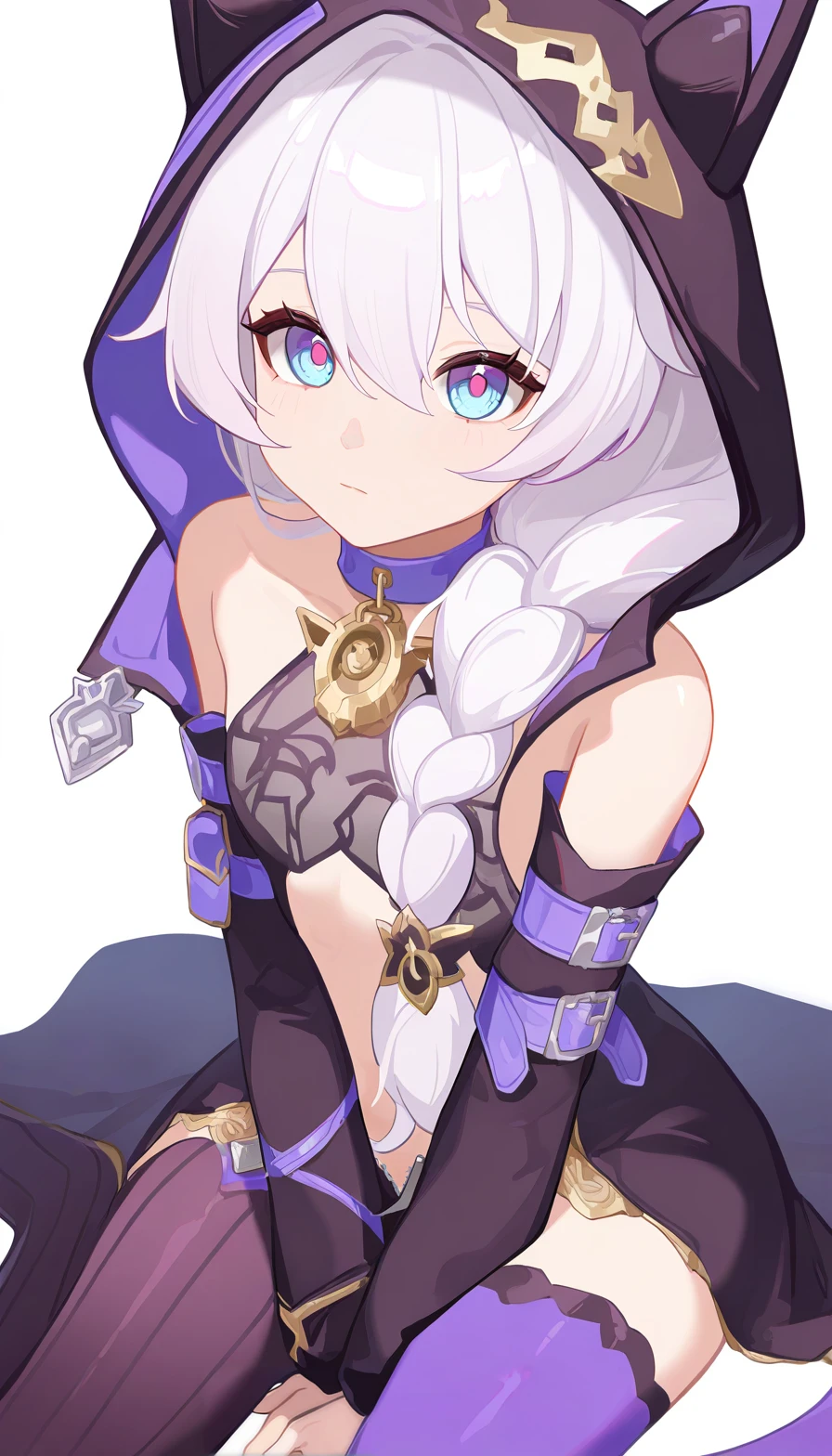 whole body, 1 Girl, white hair, Ponytail, Purple Eyes, (Ninja), dagger, Medium breasts ,scarf, wallpaper, Magic array background, Light Particles, Blue flame,