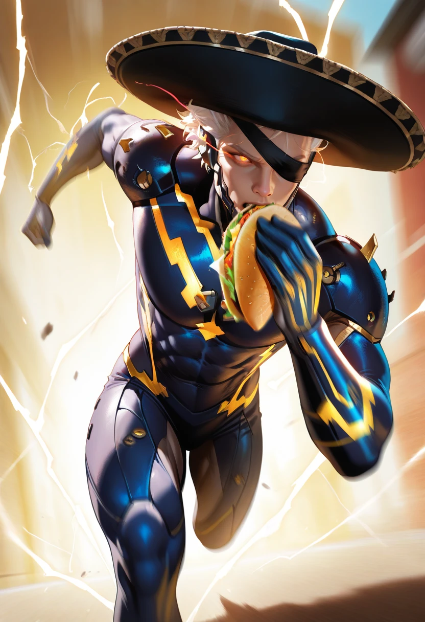 masterpiece, best quality, realistic,
1boy, solo,  
 <lora:superspeed running [IL]:0.7> superspeed, running, electricity, motion blur, light trail, ||  glowing eyes, eye trail
 <lora:RaidenMGRR_illusXLNoobAI_Incrs_v1:0.7>  || RaidenMGRSombrero, male focus, muscular male, white hair, short hair, hat, cyborg, bodysuit, eyepatch, one eye covered
holding taco,