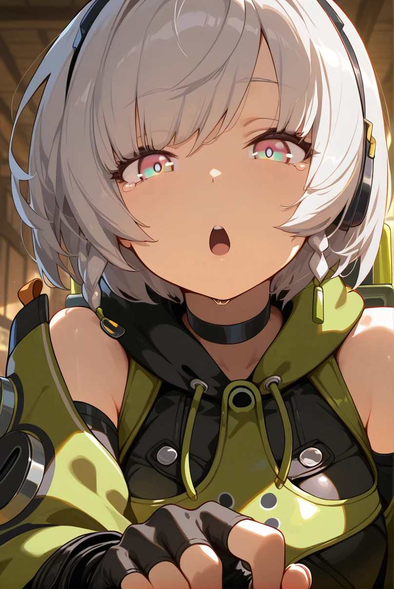 masterpiece,best quality,amazing quality,very aesthetic,absurdres,ultra detailed face,ultra detailed eyes,
<lora:AnbyDemara:0.6>, anbydemara, 1girl, solo, looking at viewer, short hair, backpack, jacket, open mouth, gloves, upper body, white hair, black gloves, fingerless gloves
<lora:xmc_v0.3_noobai_cwhj:0.8>,<lora:illustrious_best_quality_v1:0.8>