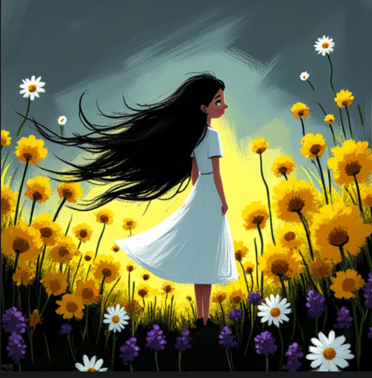 A whimsical dark style digital painting of a girl with long black hair ...