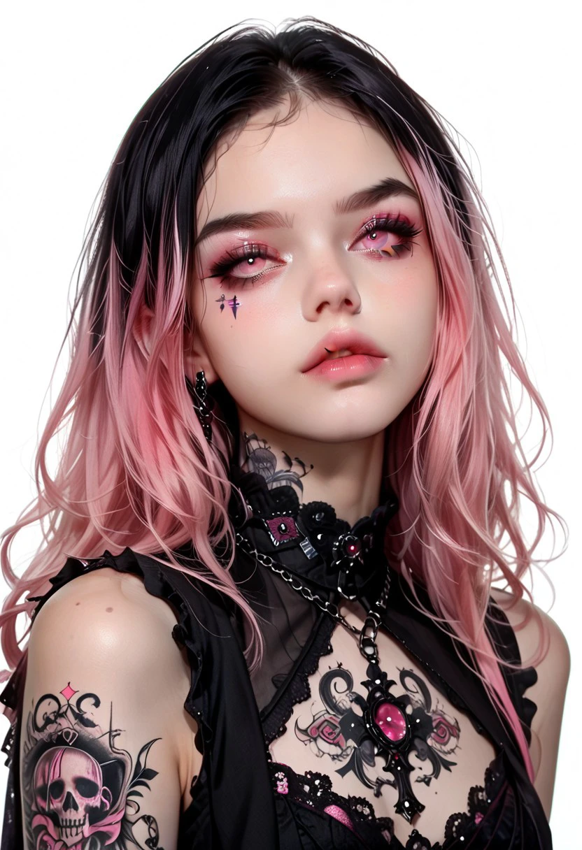 score_9, score_8_up, score_7_up, 1girl, (ultra HD quality details), gothic_style, gothic girl, goth girl, solo,looking at viewer, long hair,hair between the eyes,bare shoulders,jewelry,(black hair, pink hair,multicolored hair,glowing hair), tattoo, sleeveless,pink eyes,necklace,two-tone hair,lips,makeup,white background,portrait,spot color,