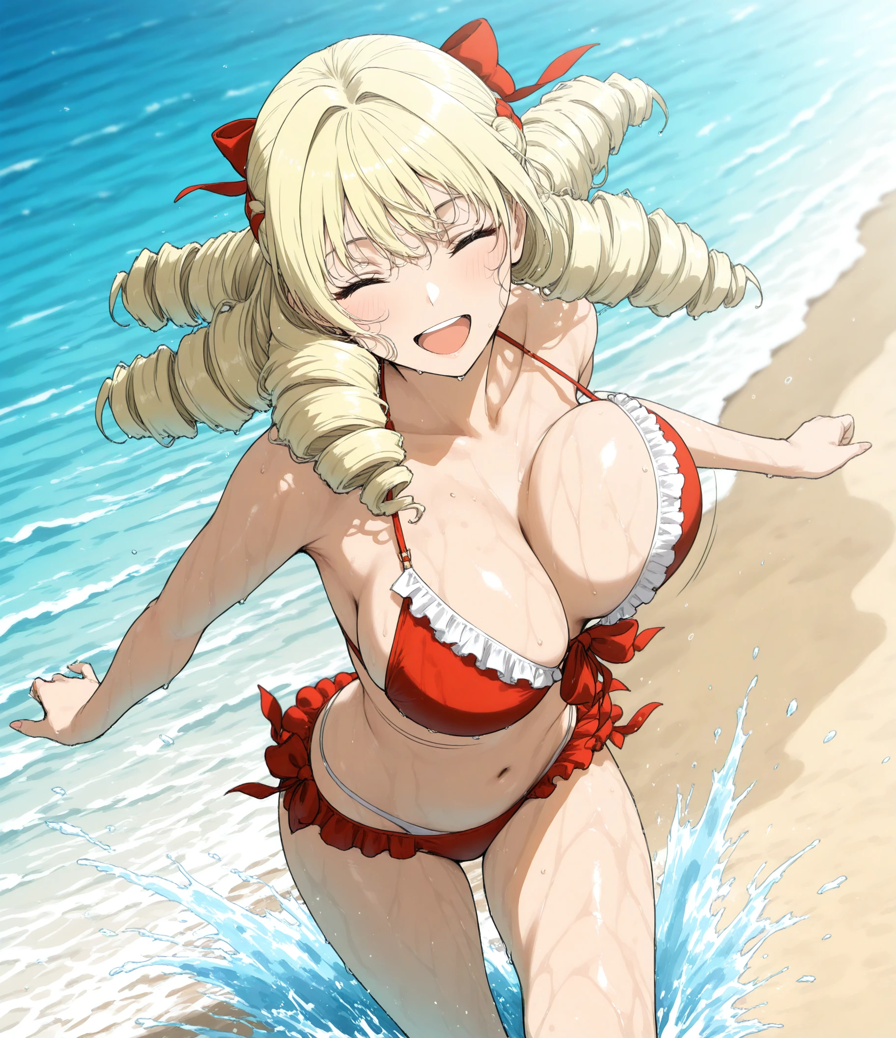 blonde、With bangs、Twin tails、Smiling with teeth showing、Big Breasts、Sexy Body、Accentuate your breasts、Pink micro bikini、standing on the beach near the sea,((Used contraceptives in bikinis)),