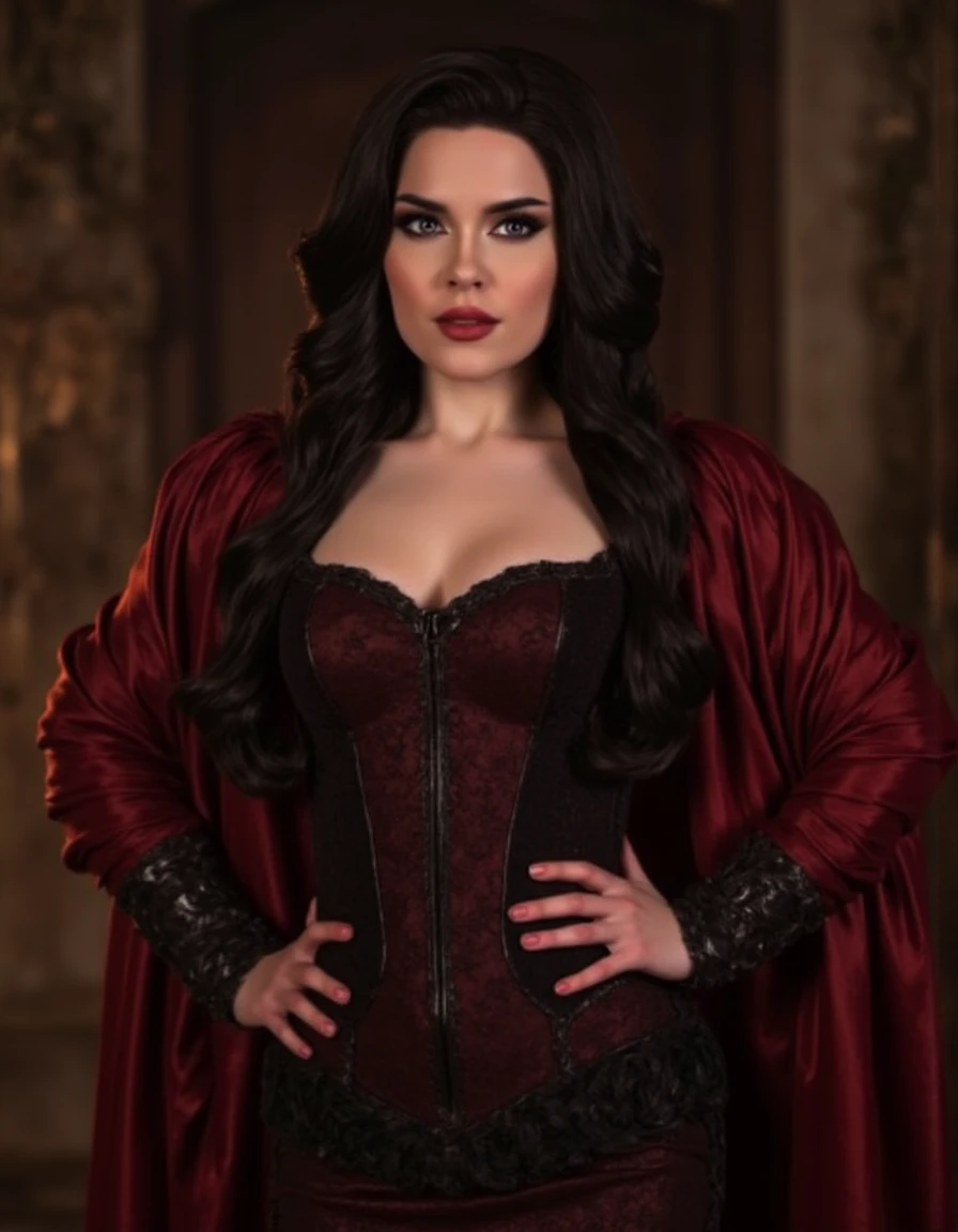 <lora:Ilona_Bugaeva_Sladkoslava-000018:1>, portrait of a busty woman dressed as Yennefer, in fancy medieval royal cabinet, arms on hips, serious look, dynamic pose, purple eyes