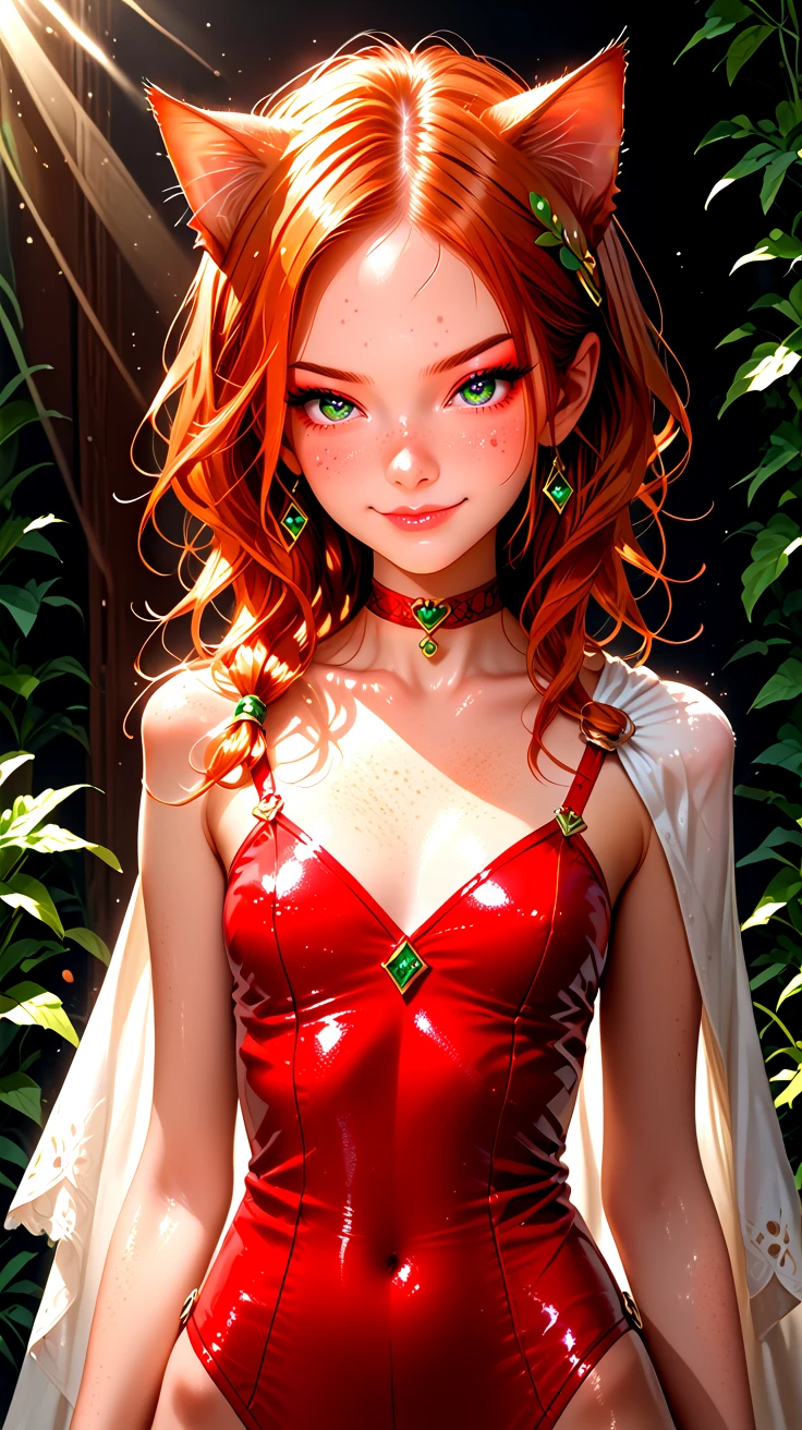 18 years old, 5 ft. tall (165 cm), and weighs 100 lbs. <lora:K1ttenPonyv2:0.6>, Kitten is a woman with long ginger hair, sparkling green eyes, freckles, and many body freckles. She also has ginger cat ears and tail. In her default Magician class, Kitten's outfit consists of a red leotard with a wrap-around garment at the waist that forms a cape, along with a hair ornament, choker, gloves, and boots. She has a closed mouth smirk,
1 girl, cute, (ite), sultry look, seductive, looking at viewer, <lora:DetailedEyes_V3:1>
(closeup:0.8),
<lora:MythP0rtr4itStyle:0.4> mythp0rt,
PonyScores7,
glistening shiny skin, sexy,
naughty, (cleft of Venus:0.7),
epic beautiful lighting, god rays, light beams, volumetric lighting, rim lighting,
masterpiece, beautiful and detailed brightness, (goosebumps:0.5), subsurface scattering, ultra realistic, textured skin, visible skin detail, skin fuzz, cute, <lora:FaeStyle:0.8>
