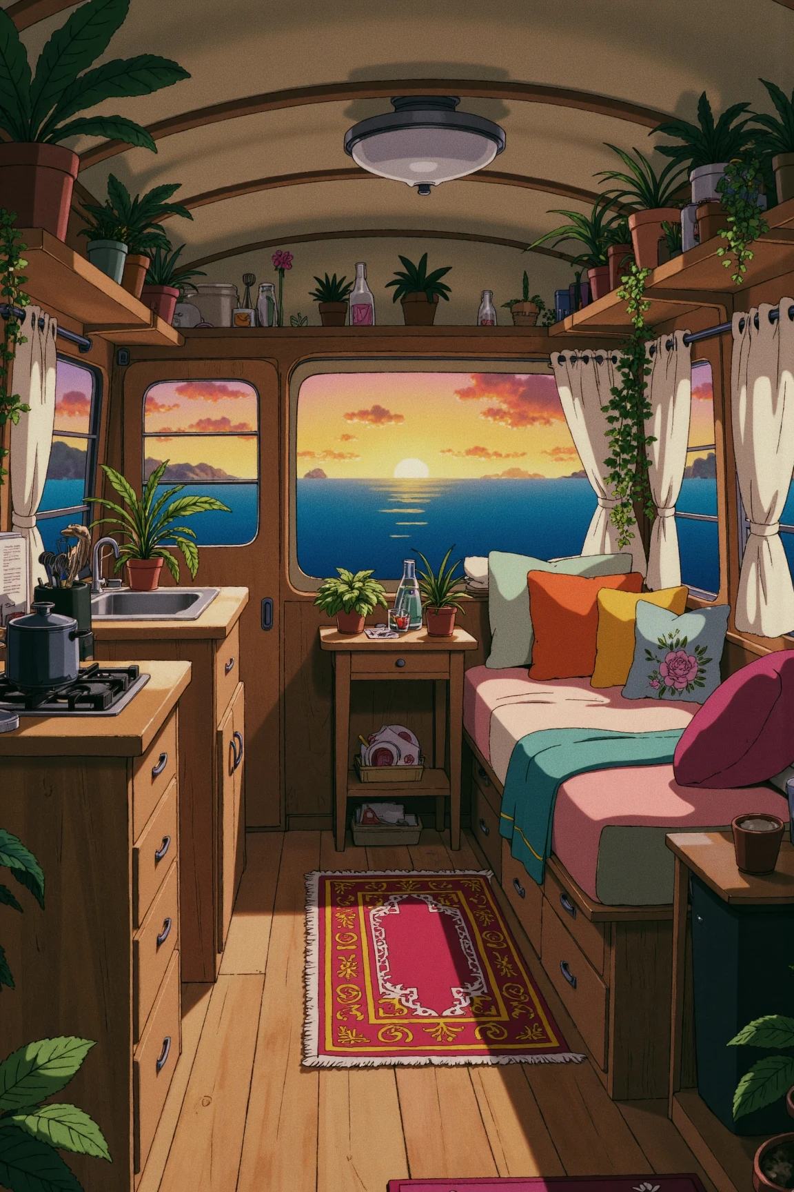 a ghibli style image of a cozy camper van parked by the sea. The van is beautifully decorated with potted plants and has a small kitchenette on the left, complete with a stove and utensils. The right side features a comfortable bed adorned with colorful pillows and blankets. A vibrant rug adds warmth to the wooden floor. Large windows with soft curtains allow a stunning view of the sunset over the ocean, casting a golden hue across the interior. The atmosphere is serene and inviting, perfect for a peaceful escape.
