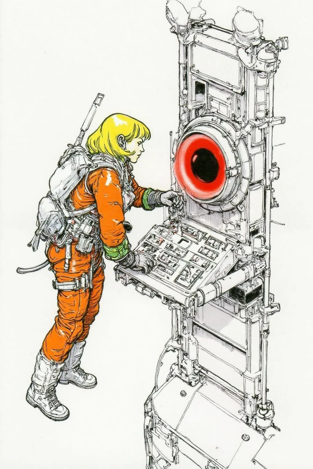 kj9 illustration.
Overhead sideview of a blonde woman dressed in a orange spacesuit and heavy boots, is carefully re-enacting the iconic scene from 2001: A Space Odyssey where David Bowman deactivates HAL 9000. Floating weightless on one side of a vast empty spacecraft, she methodically removes the components of the HAL 9000 interface, one piece at a time. The setting is tense and sterile, with bright lighting reflecting off the white sterile surfaces, capturing the eerie, unsettling atmosphere of the original scene. The red glow of HAL's eye slowly fades as the scene unfolds, highlighting the dramatic tension between human and machine.
The background is stark white. <lora:kj91_cap_d6a3e12:1.0><lora:819913650841124123:0>