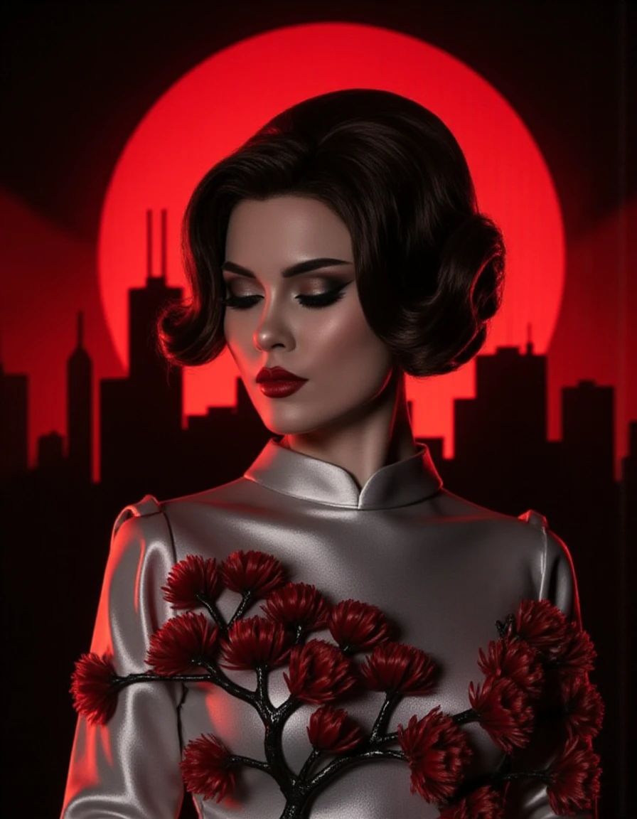 <lora:Ilona_Bugaeva_Sladkoslava-000018:1>, noir comic style with grey with red accents hues, portrait of a beautiful woman wearing a blouse decorated with red tree-like flowers, hair bun, at night with red moon in background, black cityline, <lora:lnrnr_flux_EliPot:1>