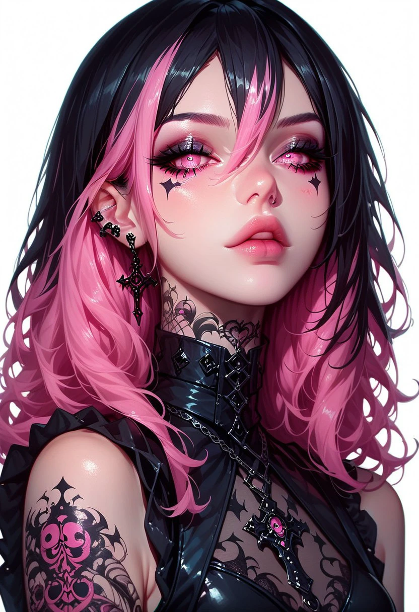 score_9, score_8_up, score_7_up, 1girl, (ultra HD quality details), gothic_style, gothic girl, goth girl, solo,looking at viewer, long hair,hair between the eyes,bare shoulders,jewelry,(black hair, pink hair,multicolored hair,glowing hair), tattoo, sleeveless,pink eyes,necklace,two-tone hair,lips,makeup,white background,portrait,spot color,
