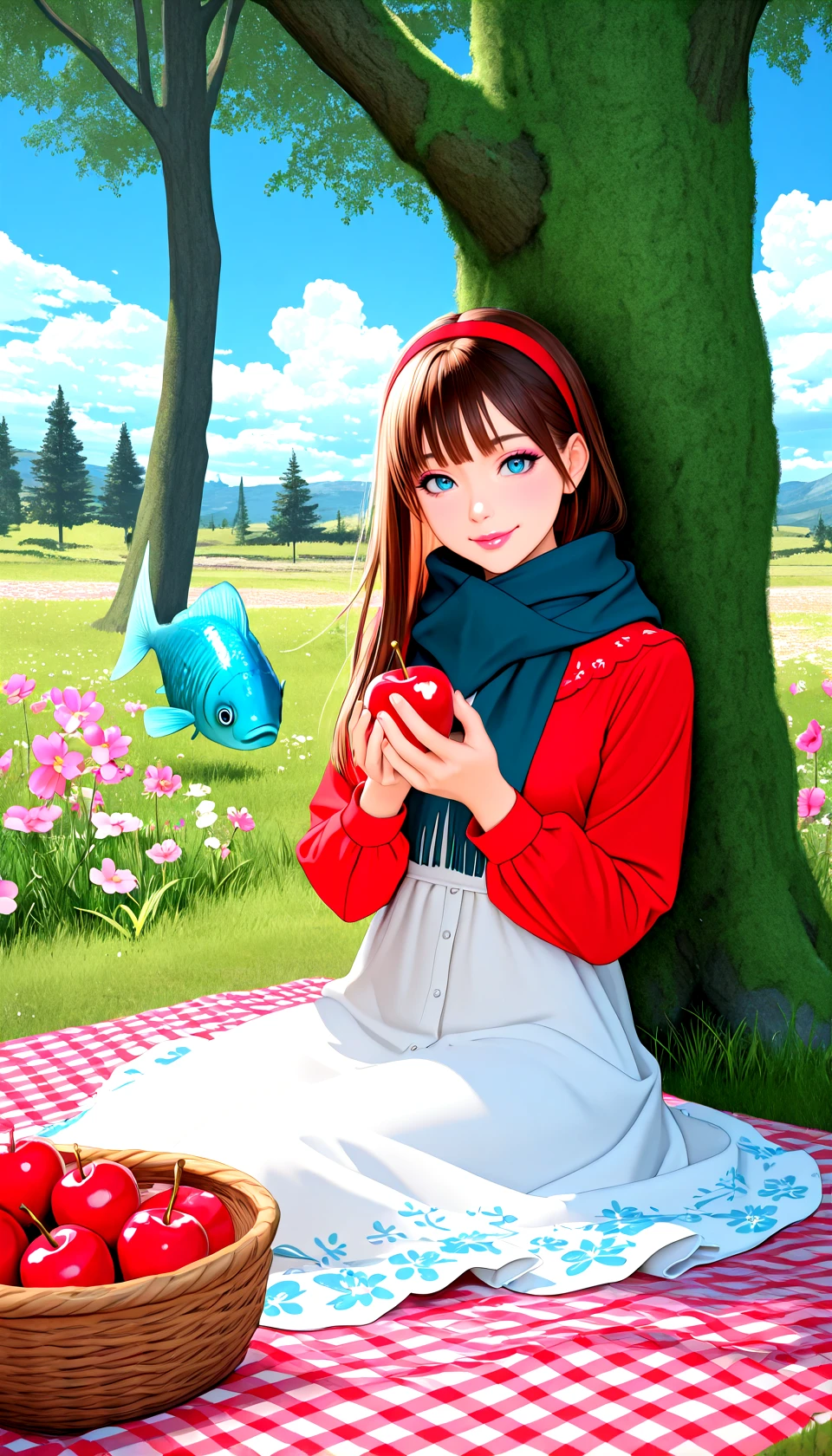3d, realistic,
1fish, 1girl,
the fish: A (gigantic_anthropomorphic_fish:1.5) with elegant aquatic features and shimmering scales, wearing a stylish scarf, sitting comfortably on a red-and-white checkered picnic blanket.
The girl: breathtakingly beautiful with flowing hair and a radiant smile, dressed in a summery floral dress, sits beside the fish.
Both are enjoying cherries together from a wooden bowl, with the girl playfully holding a cherry near her lips. The setting is a sunny meadow with vibrant green grass and scattered wildflowers under a brilliant blue sky dotted with fluffy white clouds,
cinematic lighting, picnic blanket, cherries, anthropomorphic, human-anthro interaction, peaceful setting, vibrant colors, detailed anatomy, sunny day, scenic meadow, dress, long sleeves, fruit, scarf, crossover, pink flower, cloud, floral print, blue eyes, white dress, on grass, brown hair, holding food, \(creature\), tree, blue sky, outdoors, looking at viewer, red shirt, grass, (cherries:1.2), holding fruit, food, sitting, shirt, smile, flower, sky, moss, day, hairband, bowl, holding, picnic basket,
masterpiece, best quality, absurdres
zPDXL3 zPDXLxxx