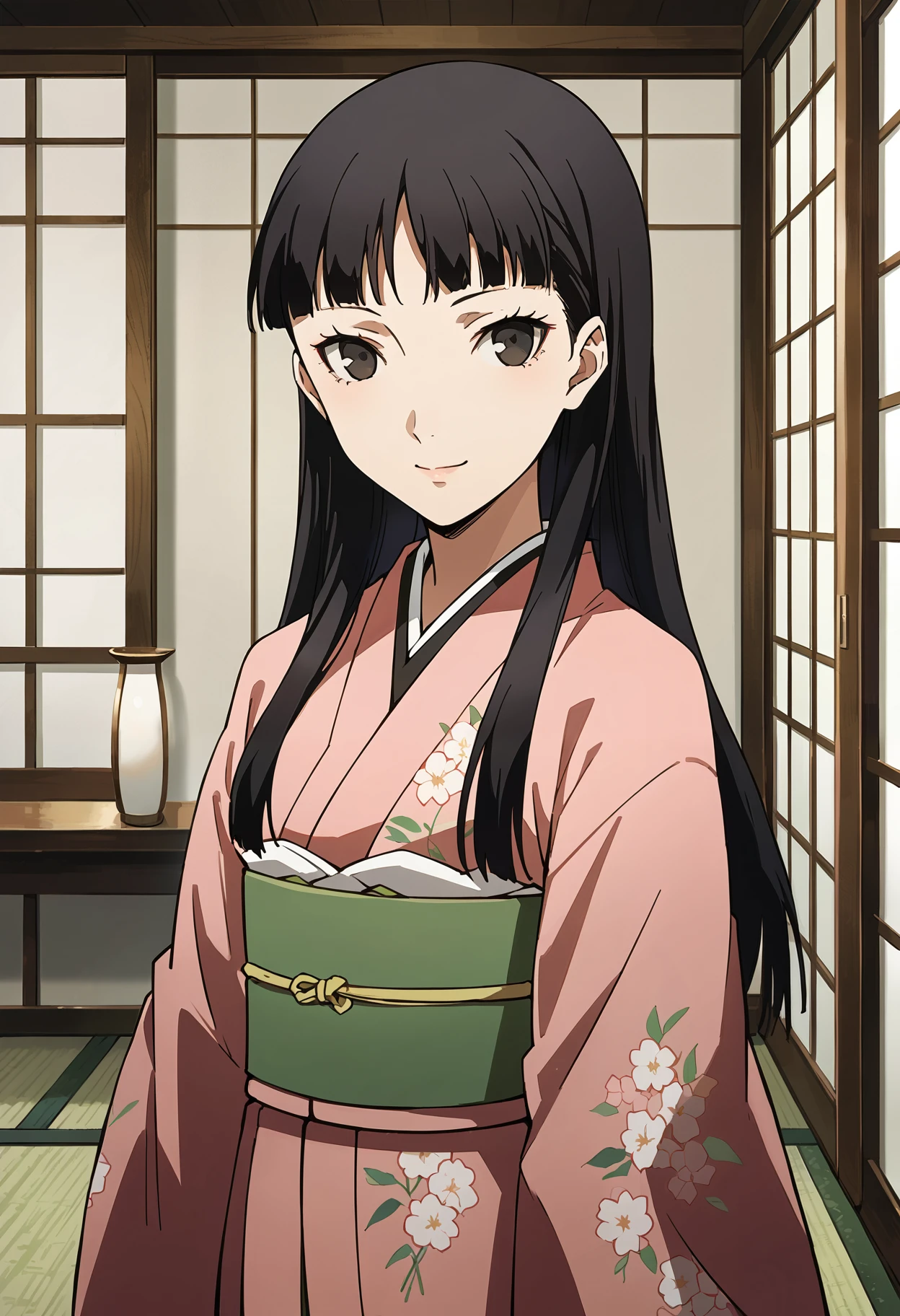 score_9, score_8_up, source_anime
1 girl, solo, cute face,
p4yukiko, amagi yukiko, long hair, black hair, bangs,
p4yukiko-kimono, japanese clothes, pink kimono, floral pattern, obi, green obi
indoors, tatami, standing, looking at viewer, slight smile,
masterpiece, best quality, ultra detailed,