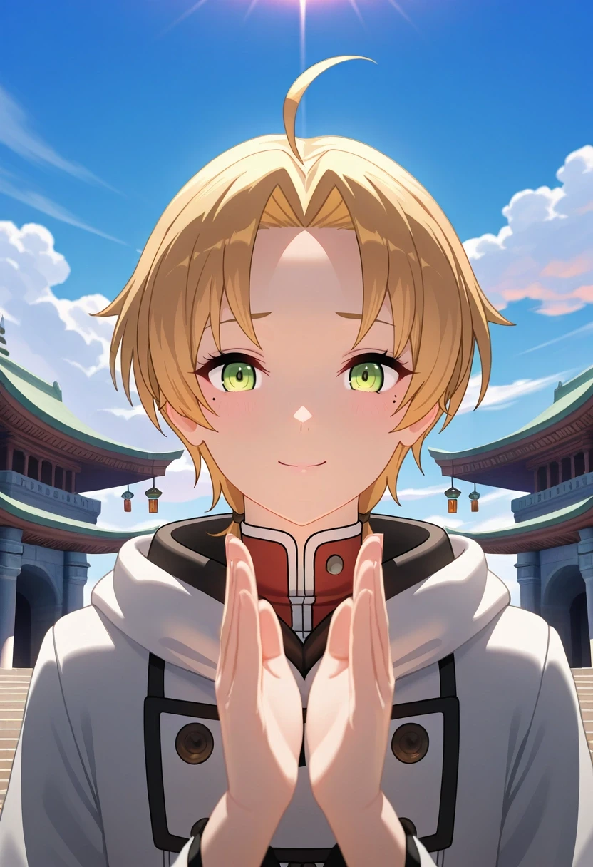 masterpiece, best quality, intricate details, (3d:0.4), , 1boy, solo, male focus, <lora:rudeus_greyrat_ilxl:0.92>, rudeus_greyrat, blonde hair, green eyes, short hair, bangs, parted bangs, ahoge, mole under eye, , floating temple, cloud pillars, sky bridges, wind chimes, worship pose, serene expression, sunrise