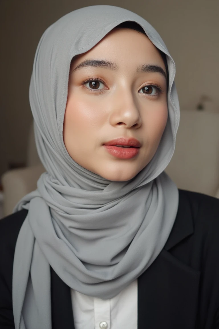 woman,((30 years old)), thin lips, black hijab, black shirt, beautiful face, white skin, soft smile