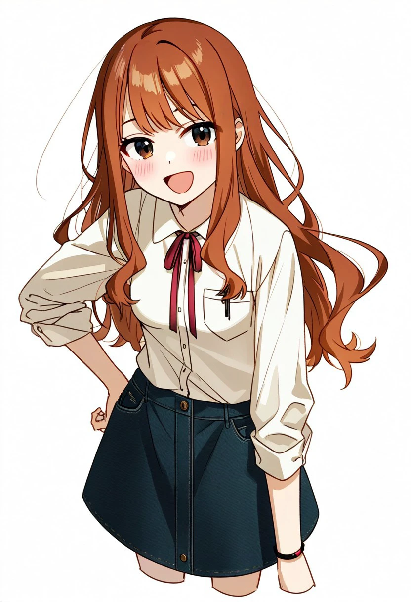 1girl,solo,dynamic angle, ,casual,,blush,sidelocks,white background,small breasts,brown orange hair,messy long hair,brown eyes, nlistband, white background,cropped legs,:d,white shirt,button and pocket shirt,dark blue simple skirt,red ribbon,looking at viewer,hand on hip,ENStyle