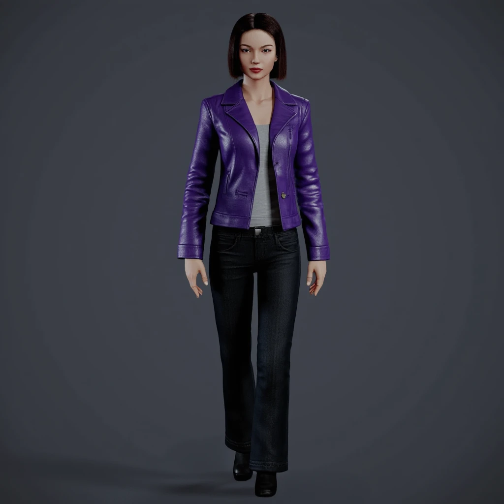 cinematic film still of <lora:video game Syphon Filter style v1:0.9>
Lian Xing In video game style a woman in a purple jacket and black pants, perfect image, perfect body, perfect anatomy, sharp image, detailed image, Kodak film, high quality photography, Syphon Filter style, video game style, solo, short hair, blue eyes, brown hair, standing, jacket, full body, pants, makeup, denim, jeans, leather, shirt, belt, bob cut, lipstick, walking, shadow, brown eyes, shoes, lips, leather jacket, white shirt, black pants, denim jacket, asian, shallow depth of field, vignette, highly detailed, high budget, bokeh, cinemascope, moody, epic, gorgeous, film grain, grainy