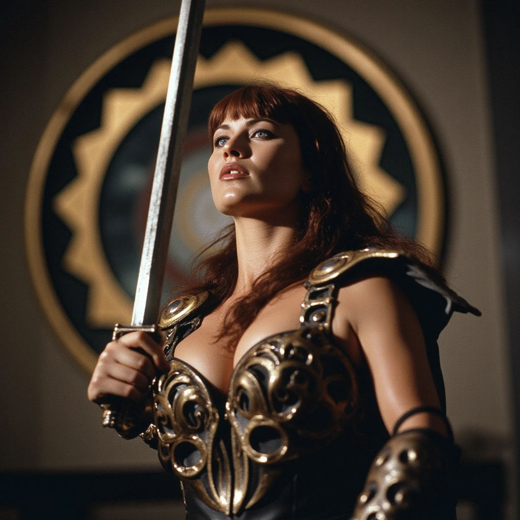cinematic film still of <lora:cartoon Xena Warrior Princess comic style v1:0.9>
Ancient drawing Xena Warrior Princess a woman holding a sword in front of a chakram ring in background, perfect image, perfect body, perfect anatomy, sharp image, detailed image, high quality image, solo, long hair, breasts, brown hair, black hair, holding, cleavage, ponytail, weapon, sword, signature, holding weapon, armor, traditional media, holding sword, shield, fighting stance, dated, lips, vambraces, blue eyes, armlet, shoulder armor, pauldrons, painting (medium), medium breasts, shallow depth of field, vignette, highly detailed, high budget, bokeh, cinemascope, moody, epic, gorgeous, film grain, grainy
