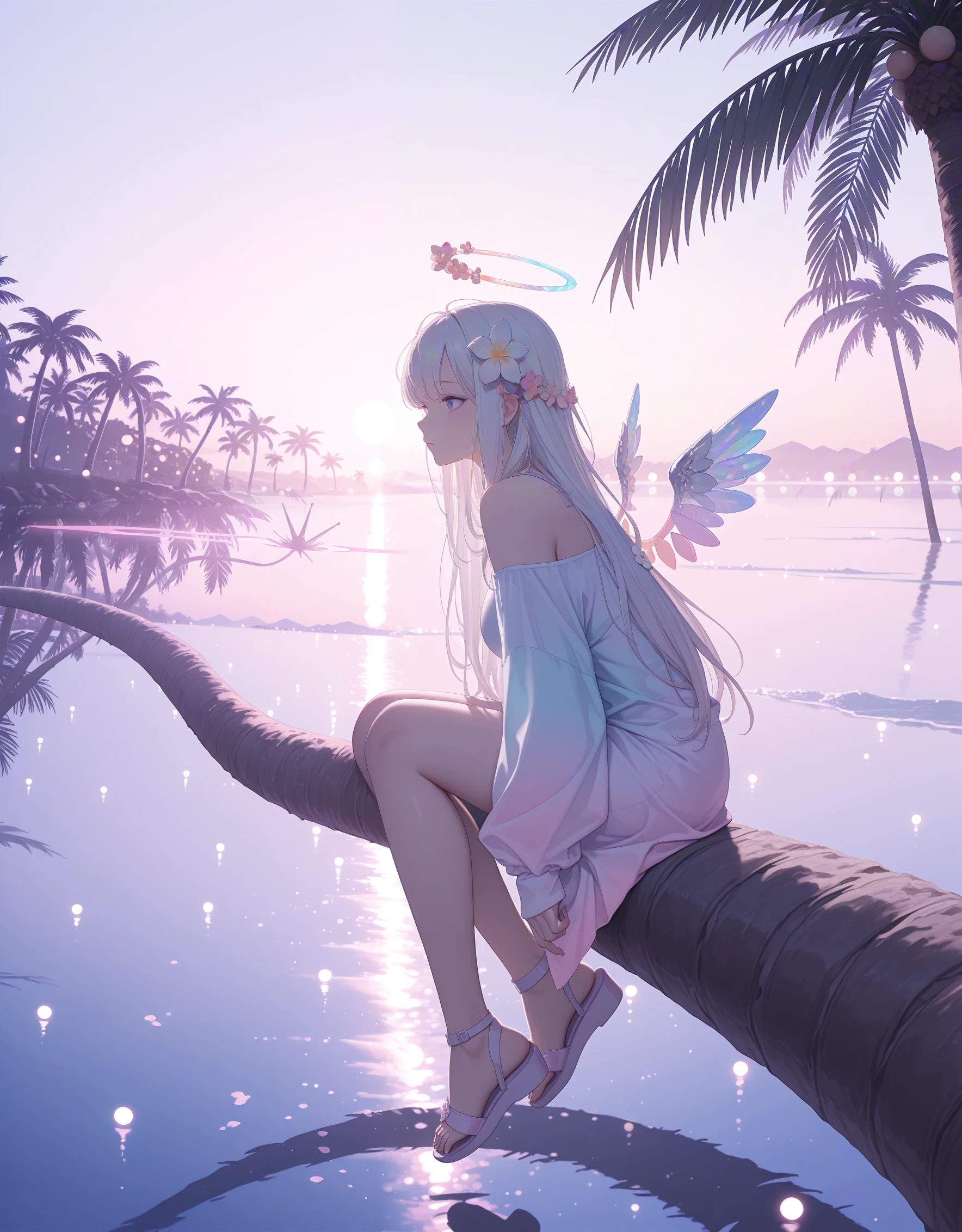 <lora:white:1>,incredibly_absurdres, highres, masterpiece, newest, 1girl, hair ornament, wings, hair flower, flower, solo, long hair, sitting, white hair, palm tree, halo, sandals, tree, bangs, outdoors,pastel colors, iridescent, blurry, soft_light,sunny,scenery, depth of field, bokeh,