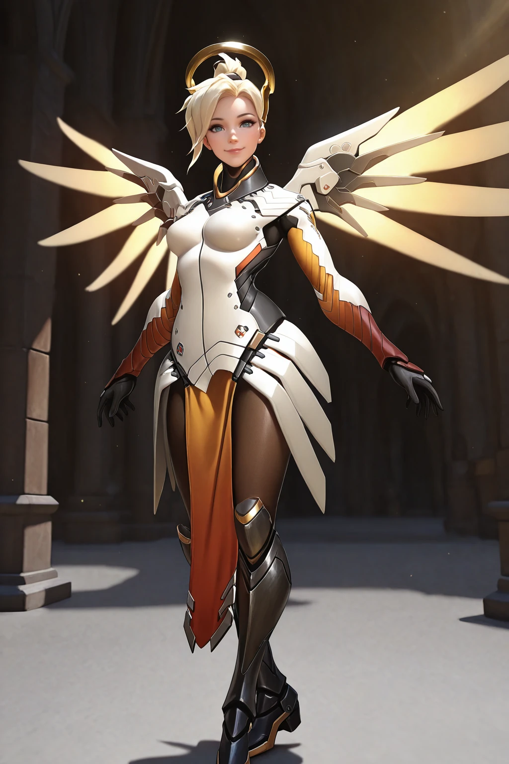 masterpiece, good quality, best quality, very awa, very as2, absurdres, highres
<lora:MrcyilluLora:1>mrcy, short hair, high ponytail, halo, high collar, bodysuit, gloves, mechanical wings, pelvic curtain, armor, pantyhose, faulds, spread wings, greaves, boots, boots, 3d, render, smile, holy light