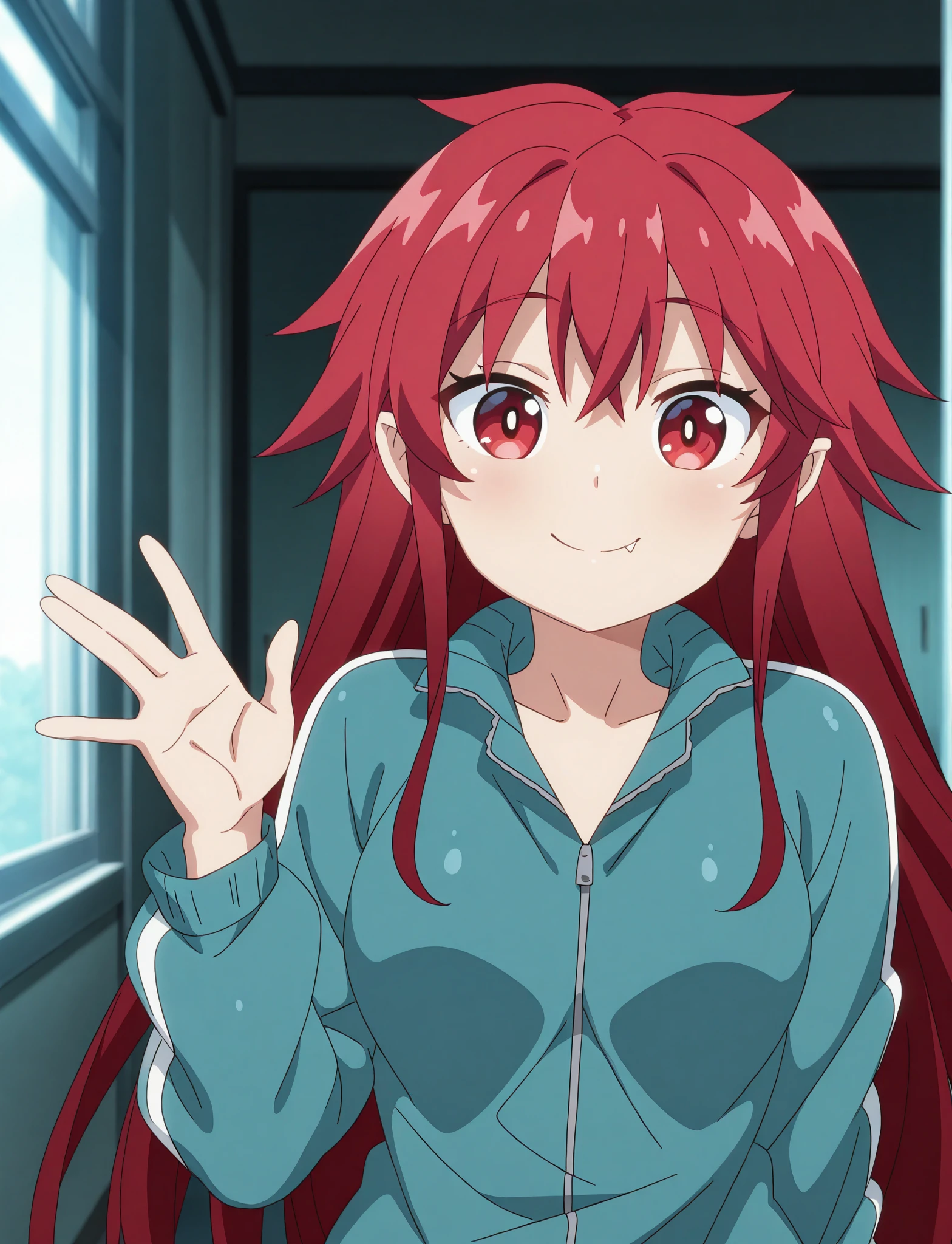asterpiece, best quality, newest, absurdres, highres, <lora:mari_setagaya_ILL_epoch_8:1> 1girl, solo, anime screencap,
mari setagaya, human-form, 1girl, solo, long hair, looking at viewer, smile, shirt, red eyes, red hair, fang,
track jacket, indoors, waving,