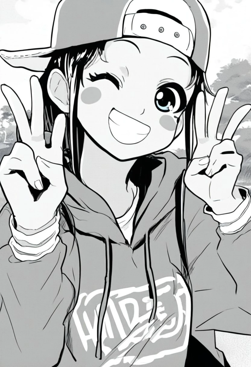 score_7_and_up, 1girl,solo,masterpiece, high quality, hina_kyan, brown hair, blue eyes, blush stickers, tan skin, source_manga, monochrome, hoodie, jeans, outside, baseball cap, wink, peace sign, smile, head tilt, backwards hat