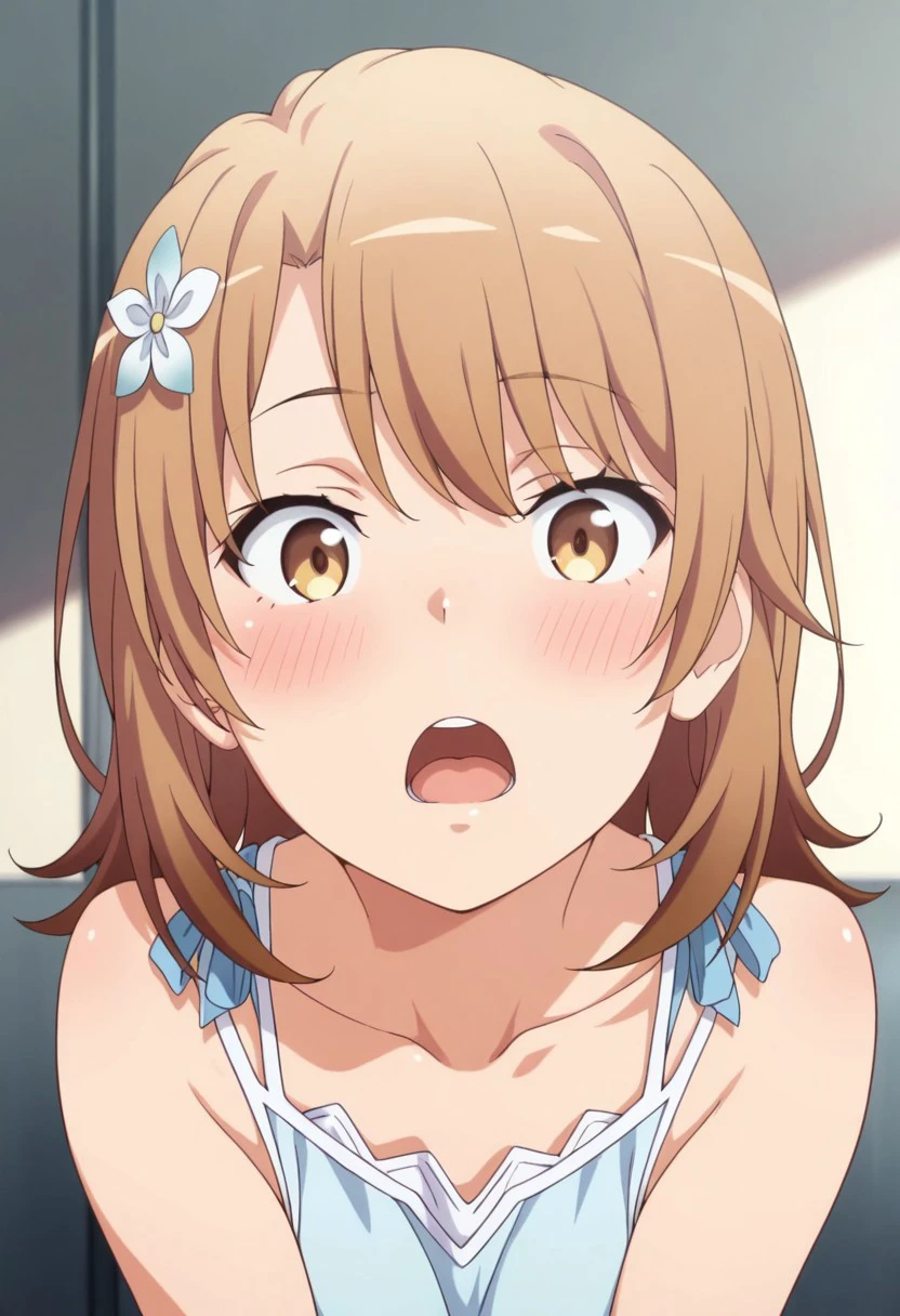 masterpiece,best quality,amazing quality, isshiki iroha, brown hair, short hair, brown eyes, 1girl, hair ornament, solo, hair flower, flower, open mouth, looking at viewer, collarbone, blush