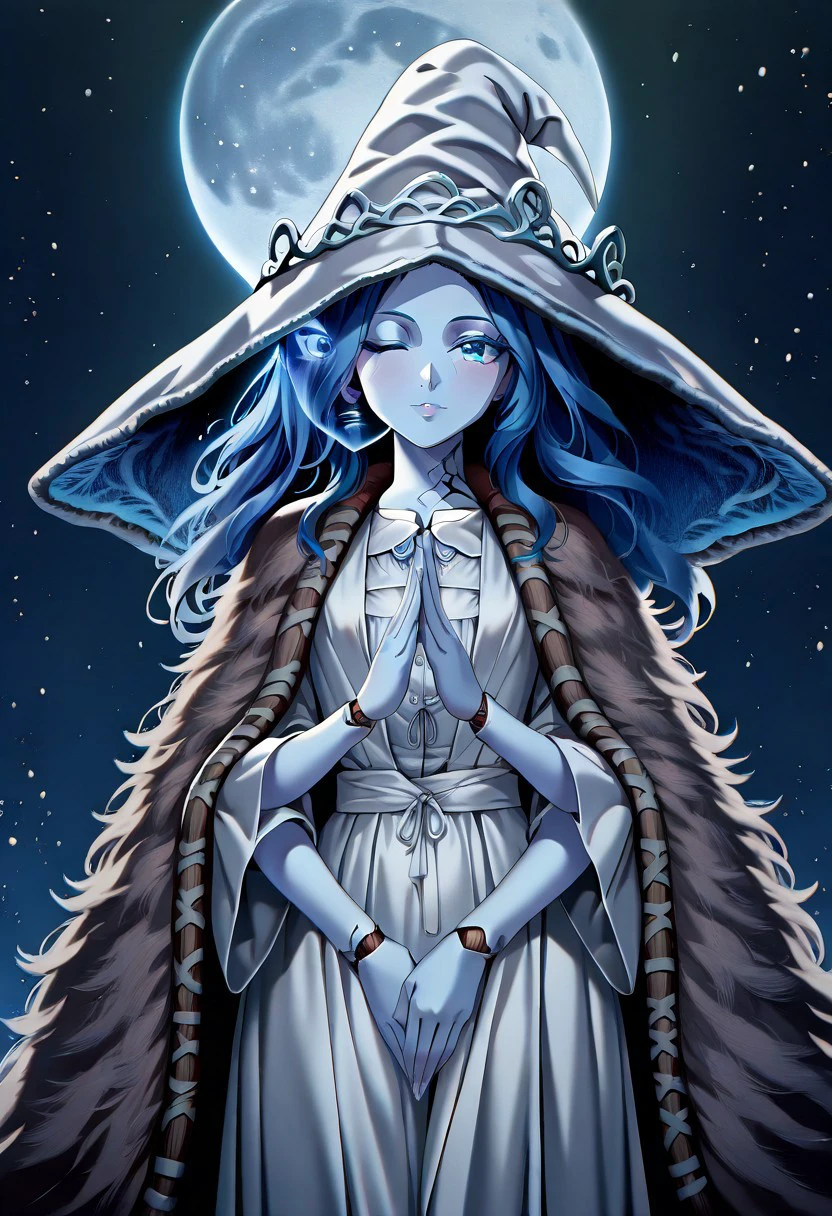 masterpiece, best quality, newest, absurdres, highres, anime, anime style, vintage anime, 90s anime, Dramatic-Moonlight-IL-V1.0, Dramatic light, Moonlight, moon 1girl, ranni_the_witch, extra arms, blue skin, 4 arms,