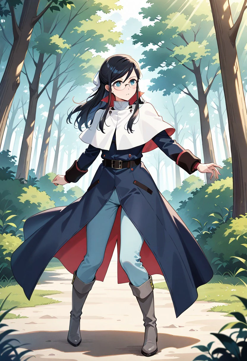 official art, masterpiece, best quality, absurdres, very aesthetic, 1girl, female focus, solo, Rosa_rosa_utm, long hair, black hair, sidelocks, half updo, hair ribbon, blue eyes, glasses, rimless eyewear, hair ribbon, yellow hair ribbon, white capelet, capelet, collared capelet, dark blue coat, coat, long sleeves, two-tone sleeves, long coat, pants, light blue pants, boots, fold-over boots, dark grey boots, forest, trees, outdoors