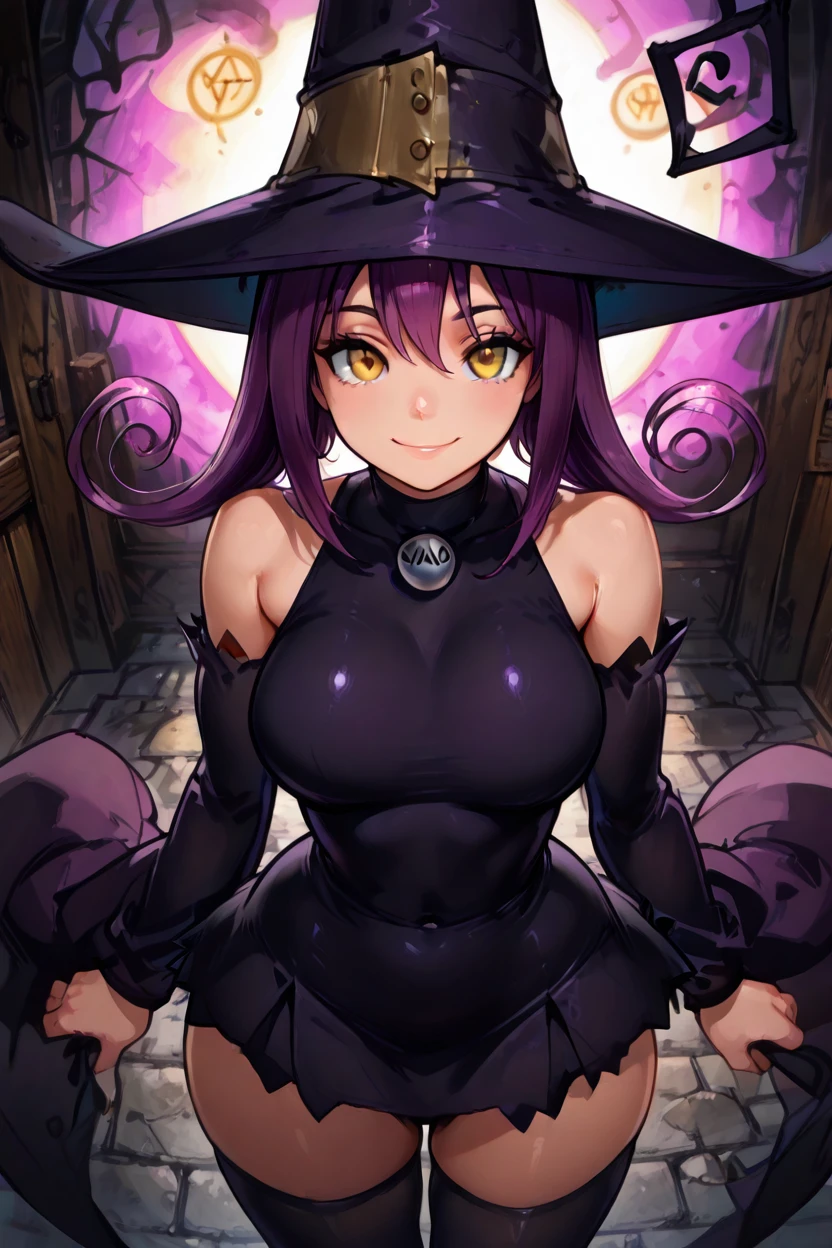 one girl, long blond hair, green eyes, slim body, witch hat, twin braids, sharp teeth, naked, busty, Metallia, intense colors, vibrant lighting, fantasy art style, realistic rendering, detailed facial features, alluring gaze, seductive pose, magical atmosphere, soft shadows, captivating expression, intricate background, suggestive composition
