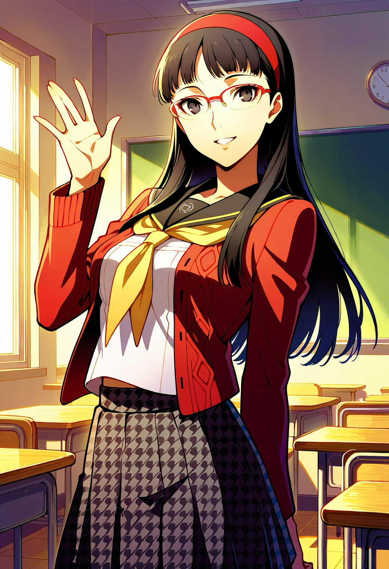 (masterwork, masterpiece, best quality, hyper-detailed :1.2),
1 girl, solo, cute face,
p4yukiko, amagi yukiko, long hair, black hair, bangs, hairband, glasses, red-framed eyewear
p4yukiko-sumuni, yasogami school uniform, school uniform, cardigan, red cardigan, open cardigan, skirt, pleated skirt, houndstooth,
classroom, standing, looking at viewer, smile, teeth, waving
