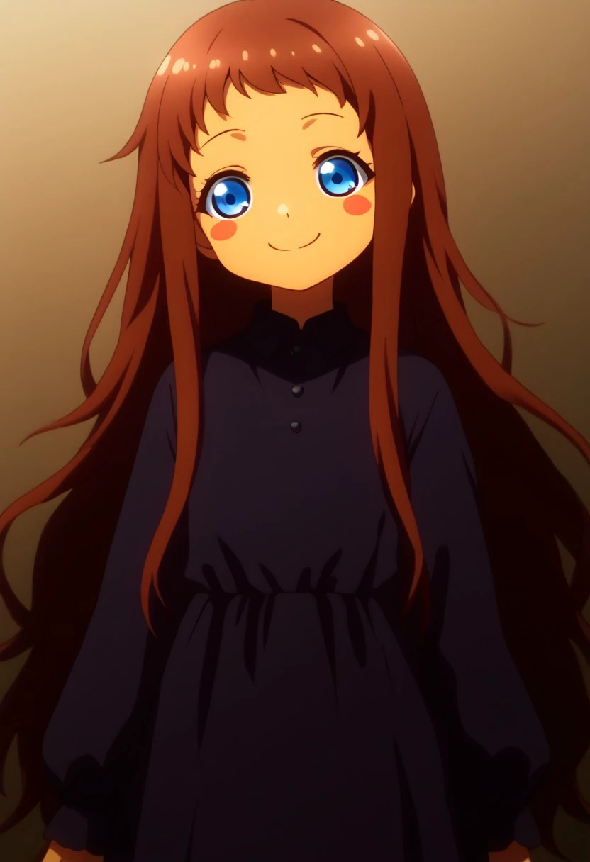 1girl, solo, hina_kyan, brown hair, blue eyes, blush stickers, tan skin, long hair, black dress, dress, long dress, long sleeves, juliet sleeves, long messy hair, @ @, front view, looking at viewer, head tilt, cheesy smile,, highly detailed, freebo_alloy,
absurdres, high quality, score_7_and_up